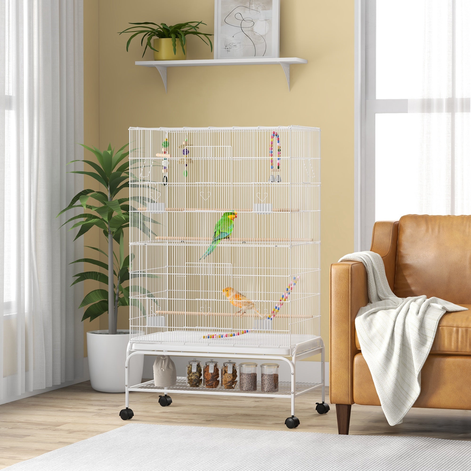 PawHut 52" Bird Cage for Budgies Cockatiels Canaries Lovebirds Finches with Rolling Stand, Toys, Removable Tray, Storage Shelf, White