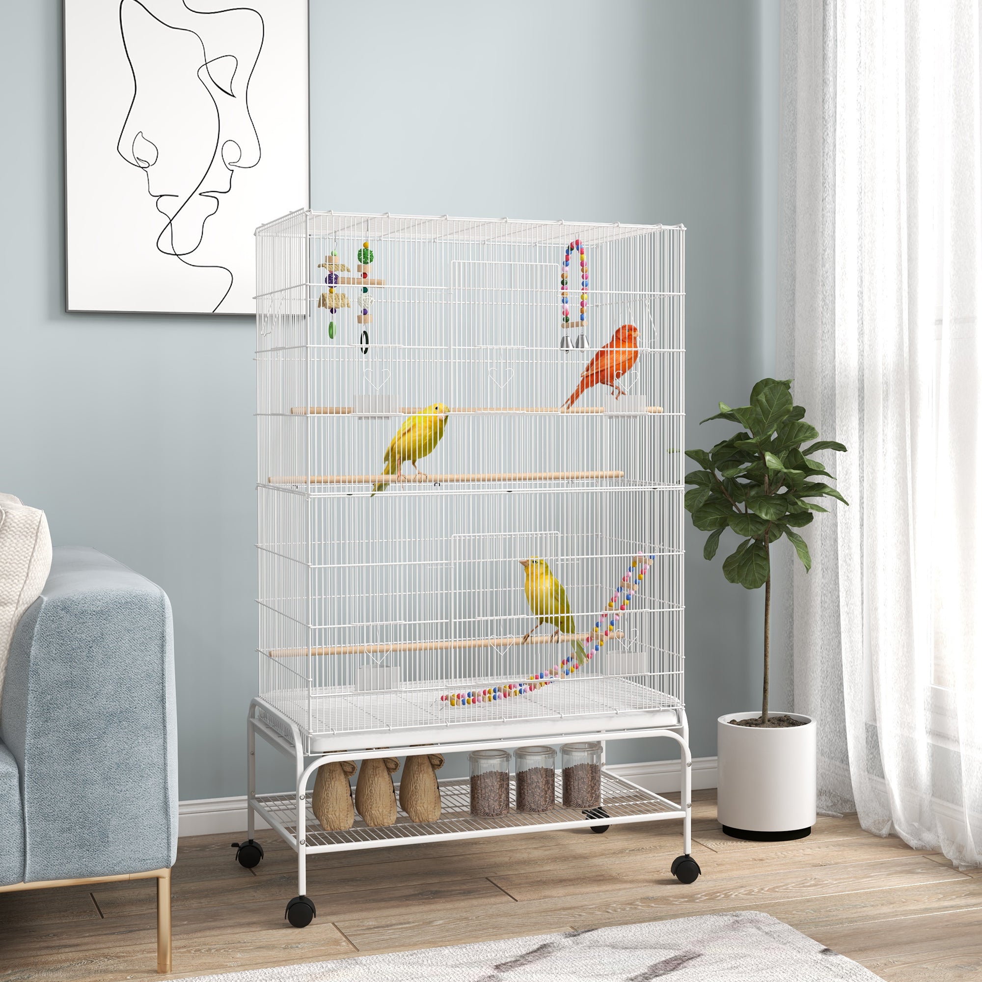 PawHut Large Bird Cage Budgie Cage with Stand, Toys, Wheels, Accessories, Storage Shelf for Canaries, Finches, Lovebirds, Parakeets - White, 79 x 49 x 133 cm