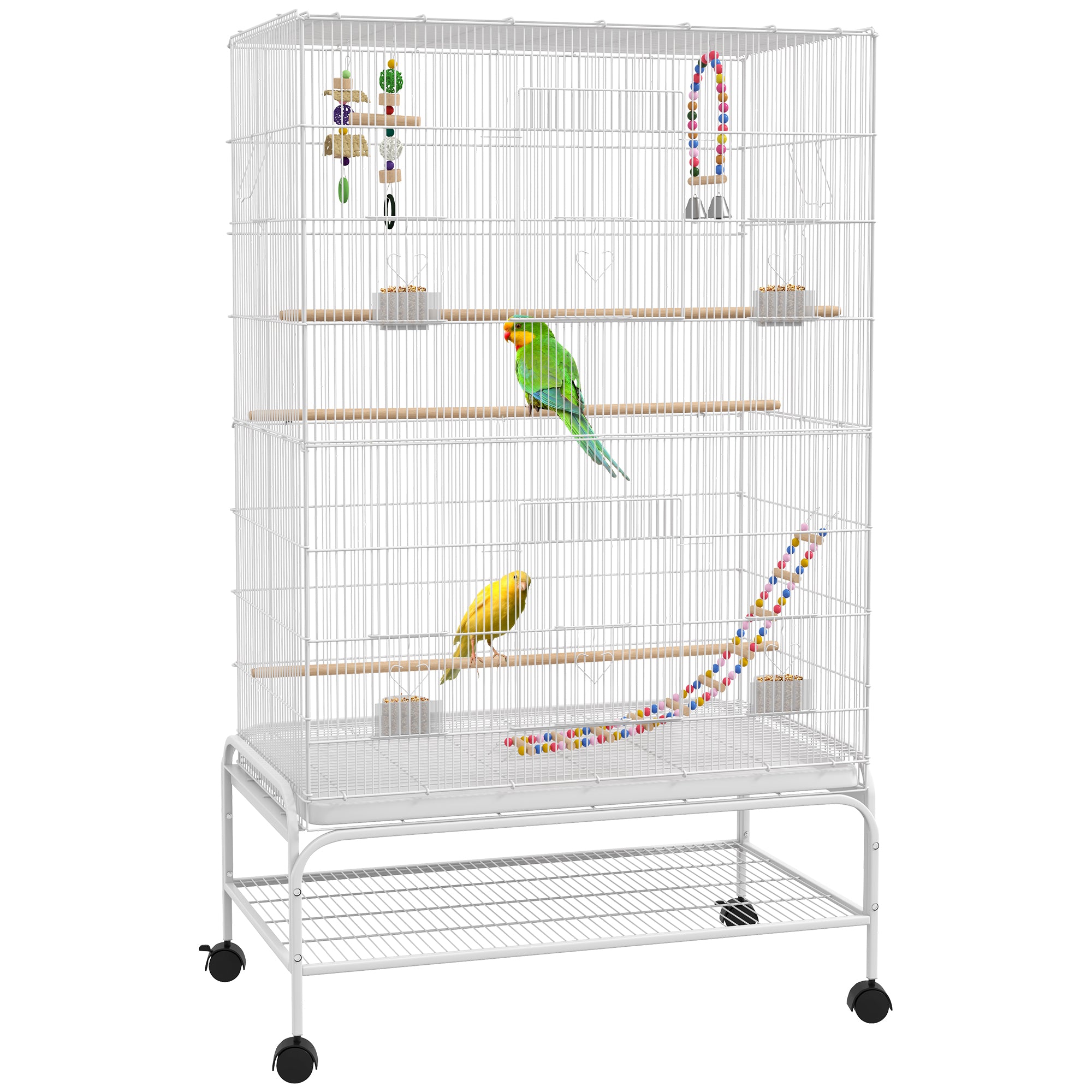 PawHut 52" Bird Cage for Budgies Cockatiels Canaries Lovebirds Finches with Rolling Stand, Toys, Removable Tray, Storage Shelf, White