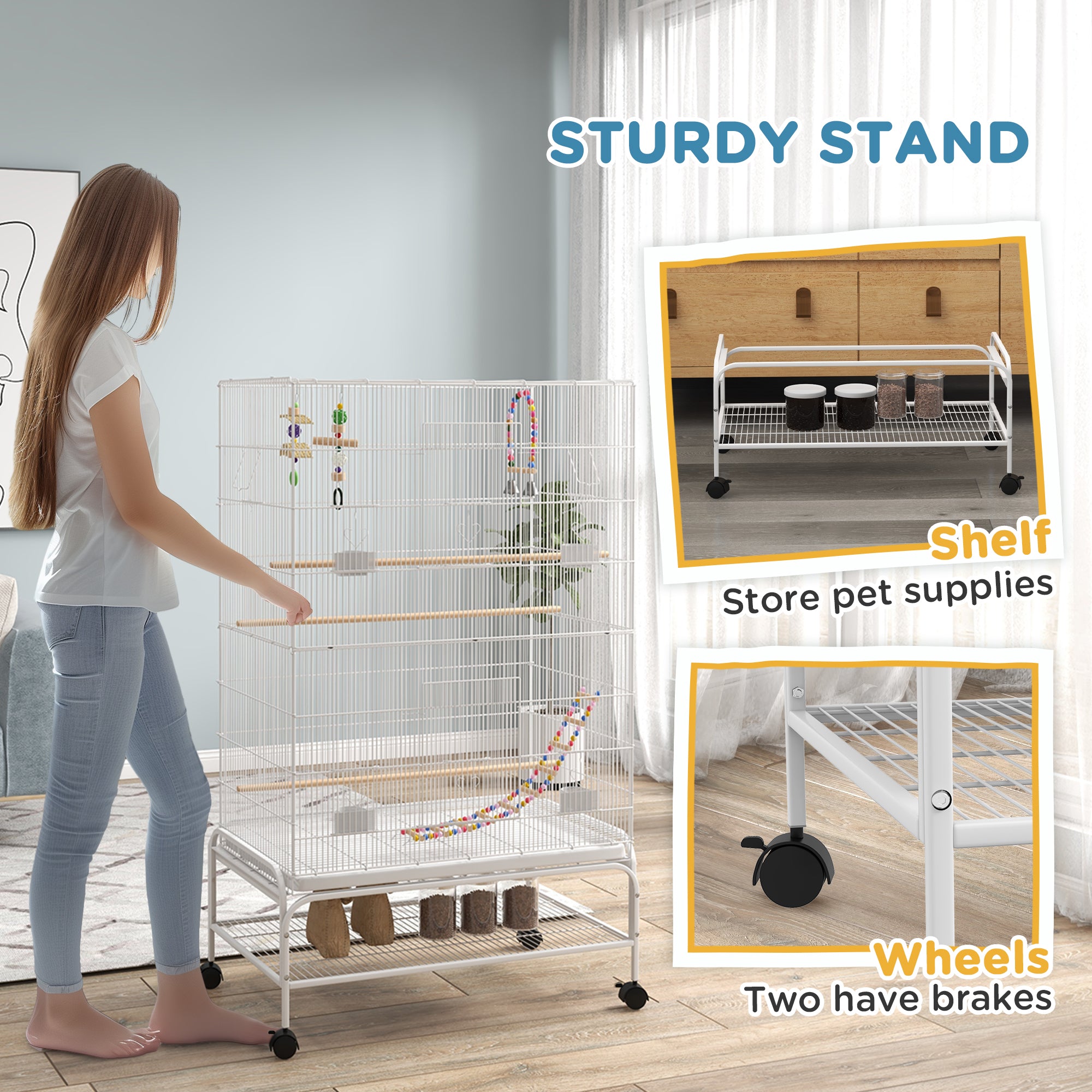 PawHut Large Bird Cage Budgie Cage with Stand, Toys, Wheels, Accessories, Storage Shelf for Canaries, Finches, Lovebirds, Parakeets - White, 79 x 49 x 133 cm