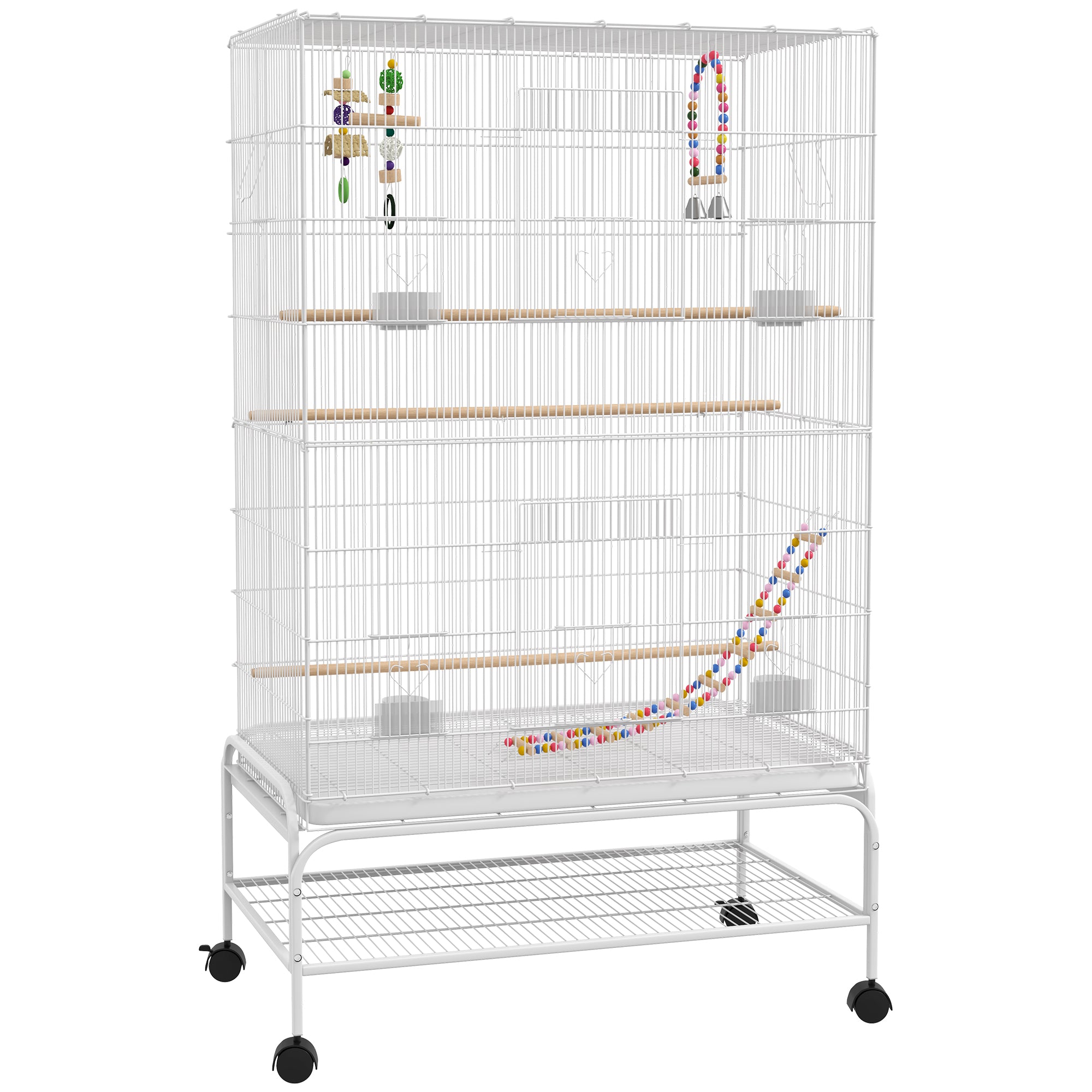 PawHut 52" Bird Cage for Budgies Cockatiels Canaries Lovebirds Finches with Rolling Stand, Toys, Removable Tray, Storage Shelf, White