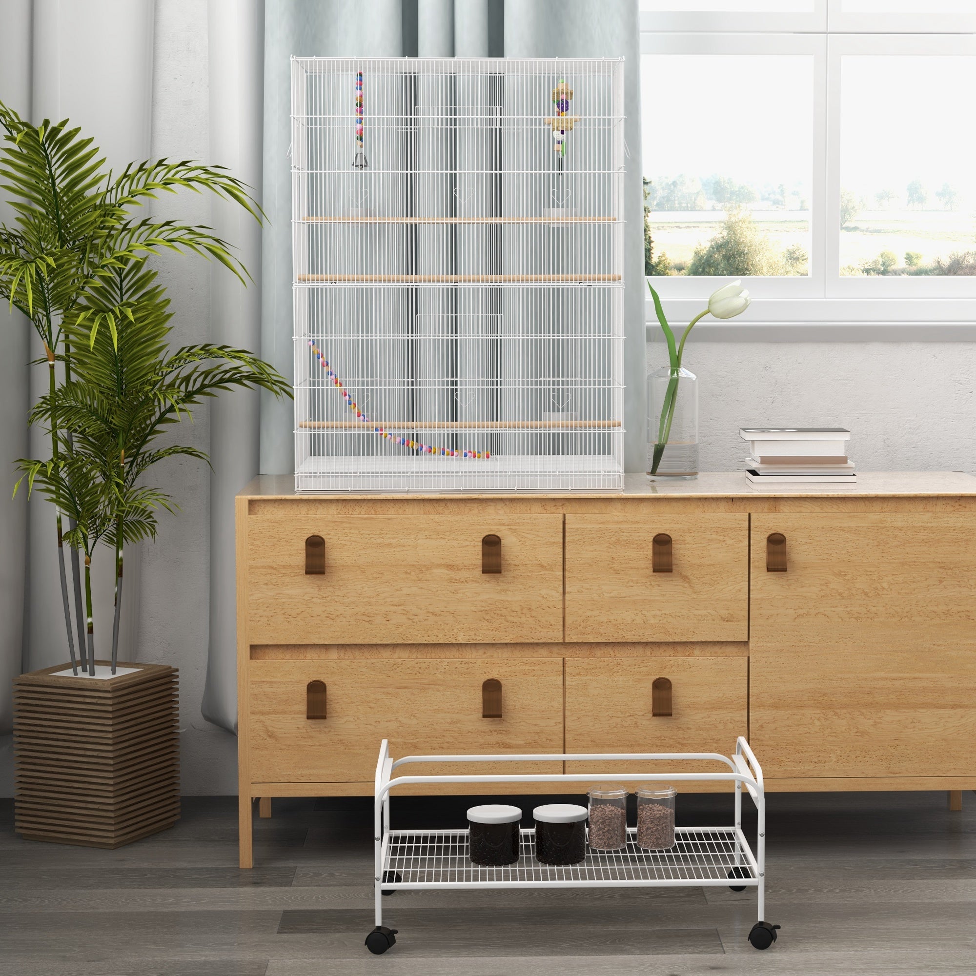 PawHut 52" Bird Cage for Budgies Cockatiels Canaries Lovebirds Finches with Rolling Stand, Toys, Removable Tray, Storage Shelf, White