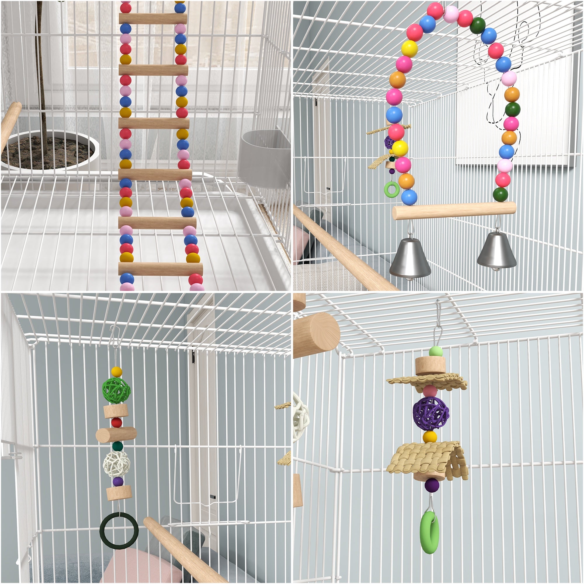 PawHut 52" Bird Cage for Budgies Cockatiels Canaries Lovebirds Finches with Rolling Stand, Toys, Removable Tray, Storage Shelf, White