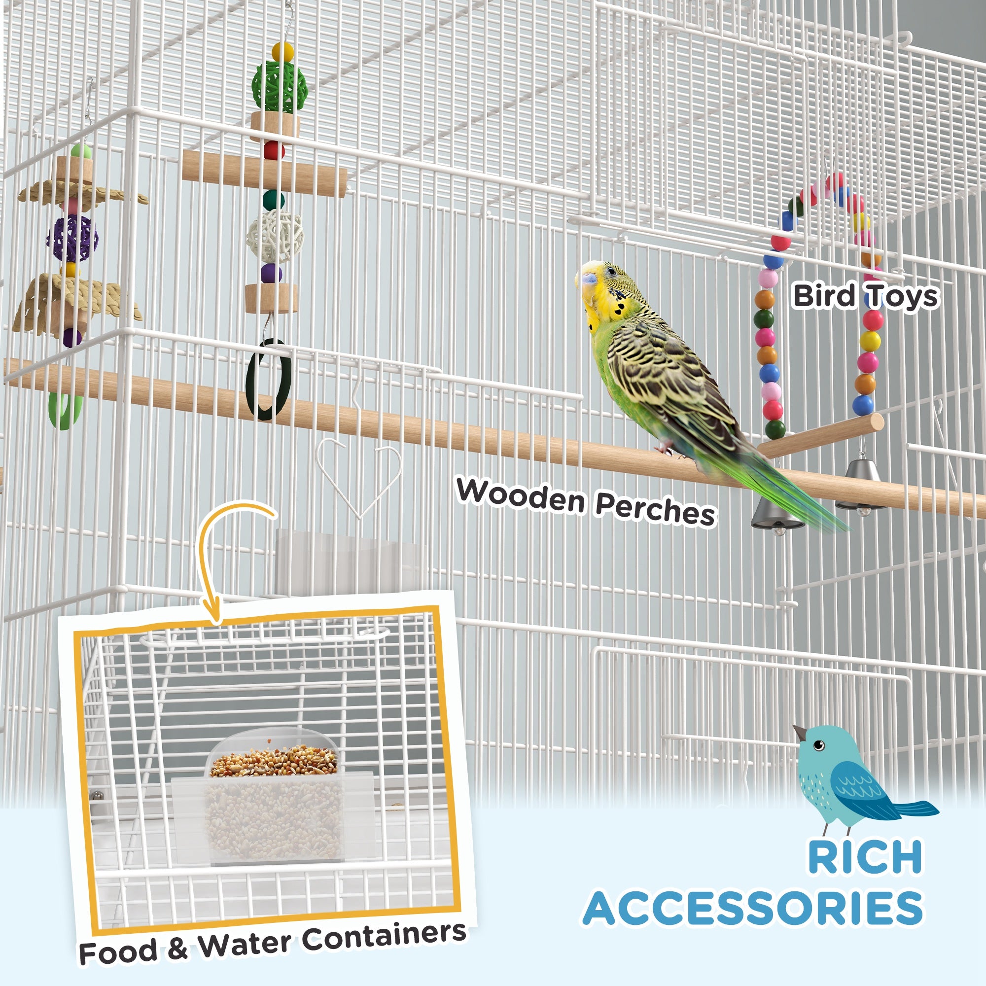 PawHut 52" Bird Cage for Budgies Cockatiels Canaries Lovebirds Finches with Rolling Stand, Toys, Removable Tray, Storage Shelf, White