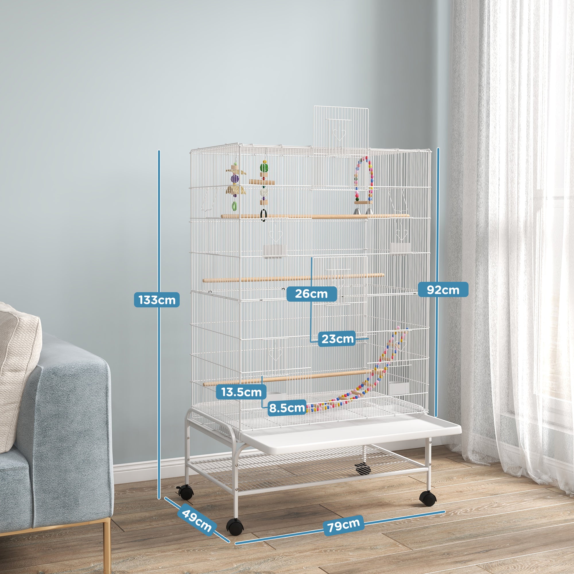 PawHut Large Bird Cage Budgie Cage with Stand, Toys, Wheels, Accessories, Storage Shelf for Canaries, Finches, Lovebirds, Parakeets - White, 79 x 49 x 133 cm