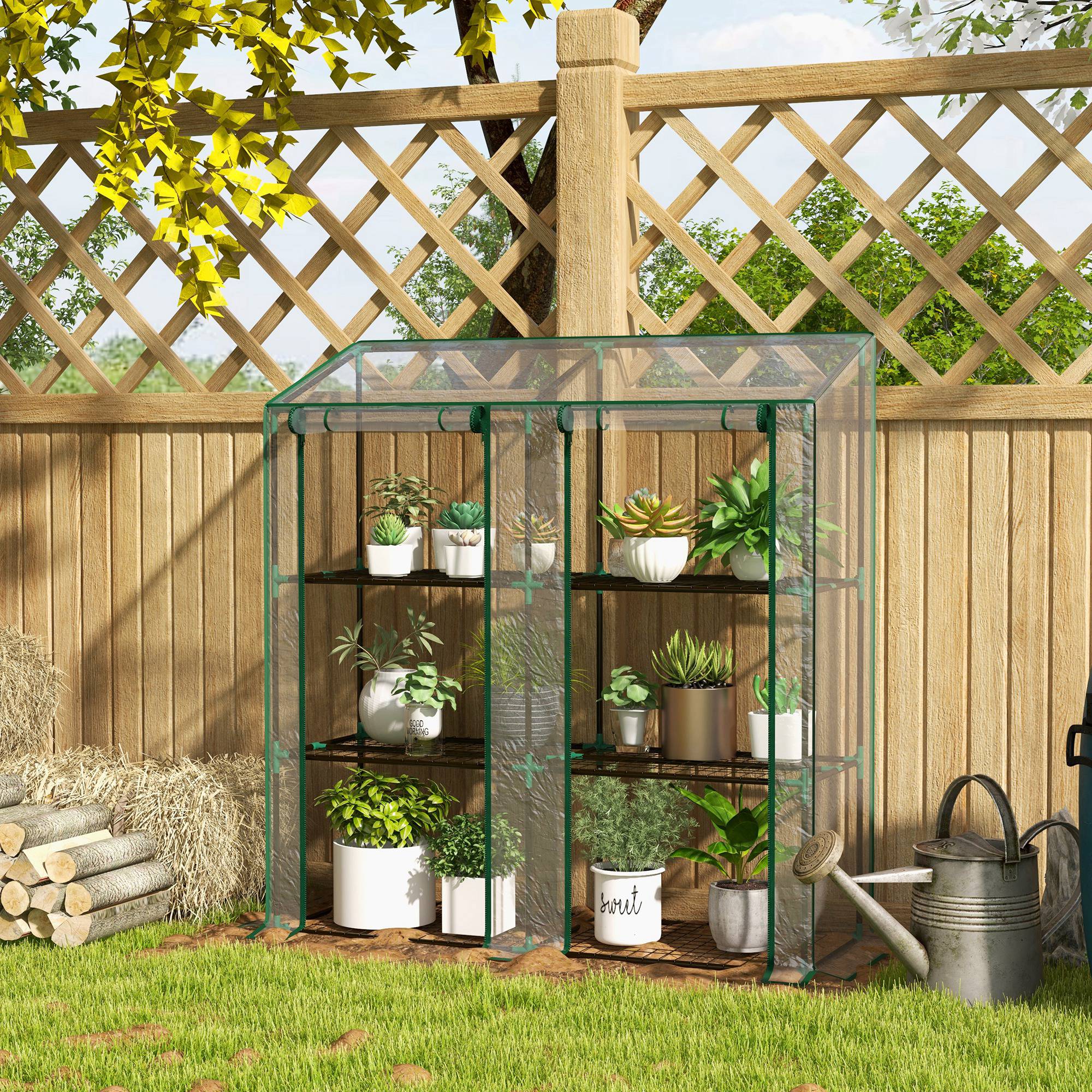 Outsunny Lean-to Mini Greenhouse with 3 Tier Shelves, Portable Green House with 2 Roll-up Doors, Garden Plant Grow Hot House for Indoor Outdoor, 56.3