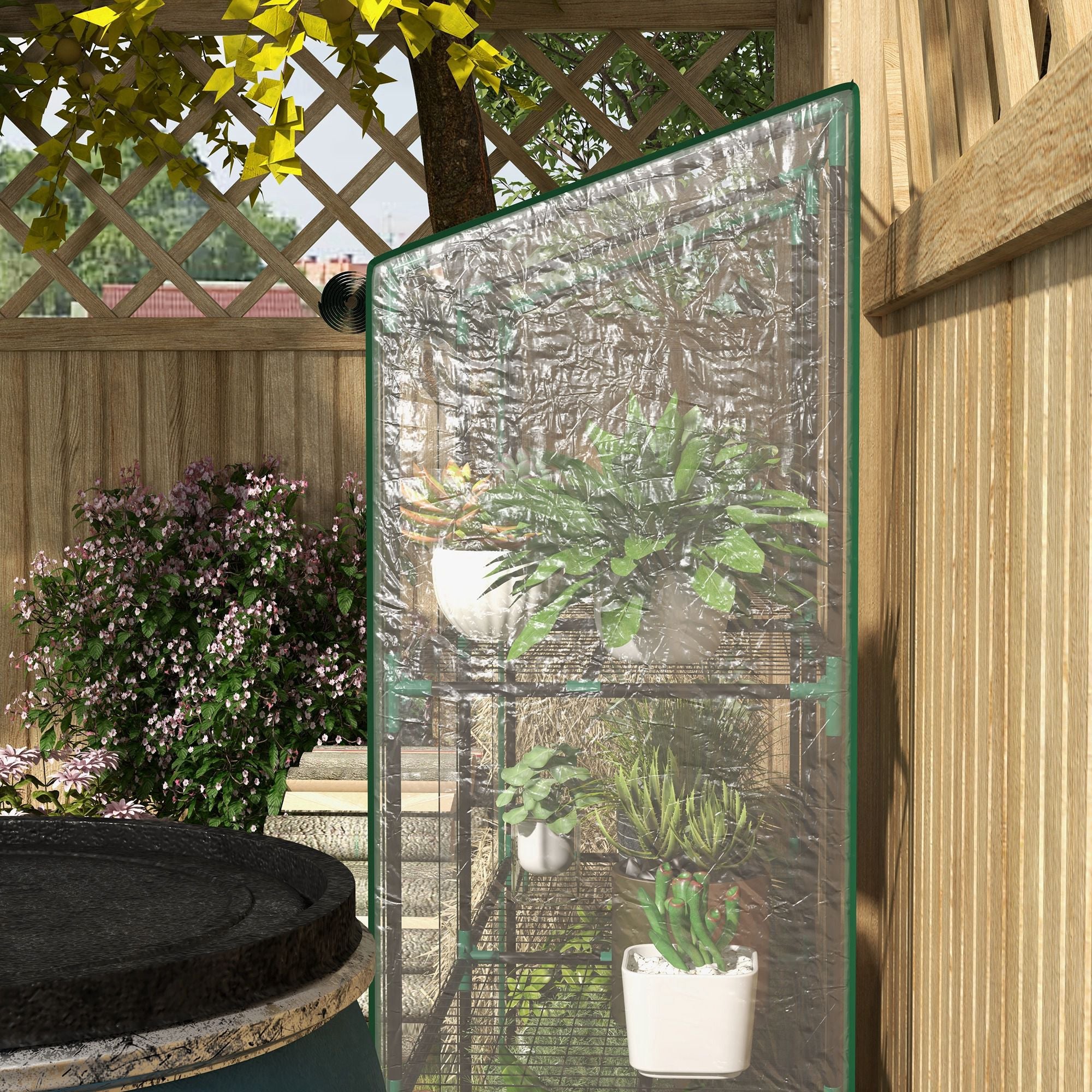 Outsunny Lean-to Mini Greenhouse with 3 Tier Shelves, Portable Green House with 2 Roll-up Doors, Garden Plant Grow Hot House for Indoor Outdoor, 56.3
