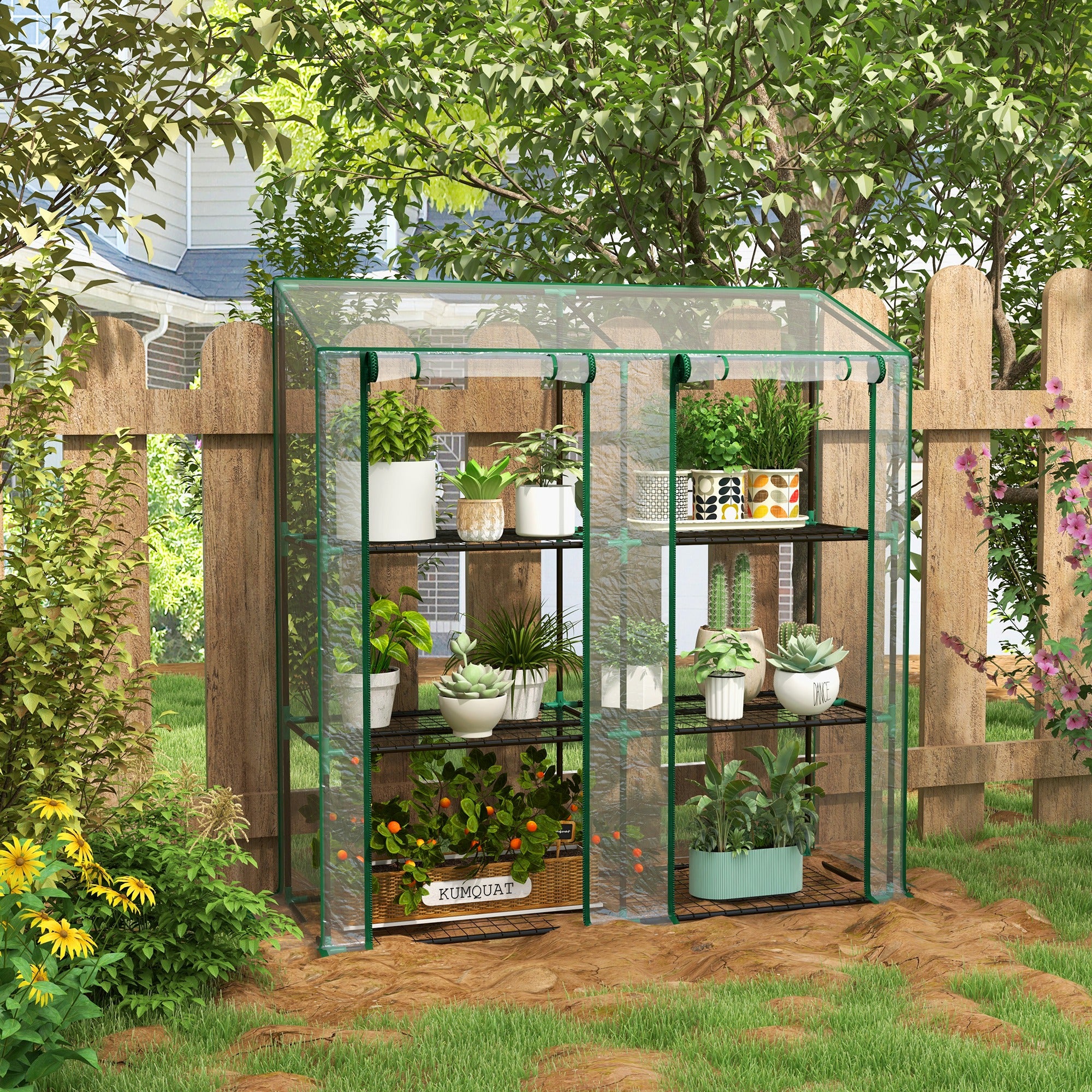 Outsunny Lean-to Mini Greenhouse with 3 Tier Shelves, Portable Green House with 2 Roll-up Doors, Garden Plant Grow Hot House for Indoor Outdoor, 56.3"x18.1"x59.4", Clear