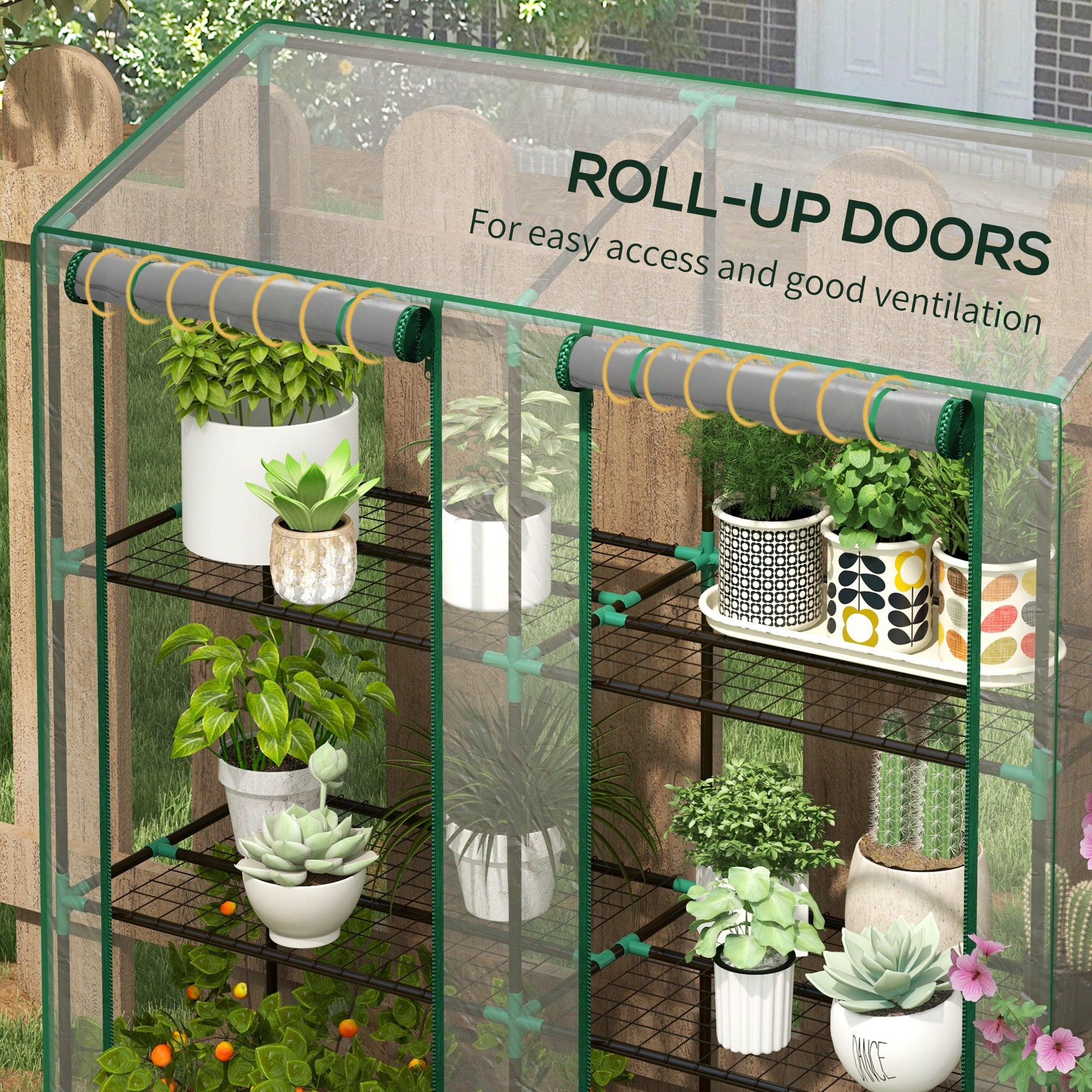 Outsunny Lean-to Mini Greenhouse with 3 Tier Shelves, Portable Green House with 2 Roll-up Doors, Garden Plant Grow Hot House for Indoor Outdoor, 56.3"x18.1"x59.4", Clear