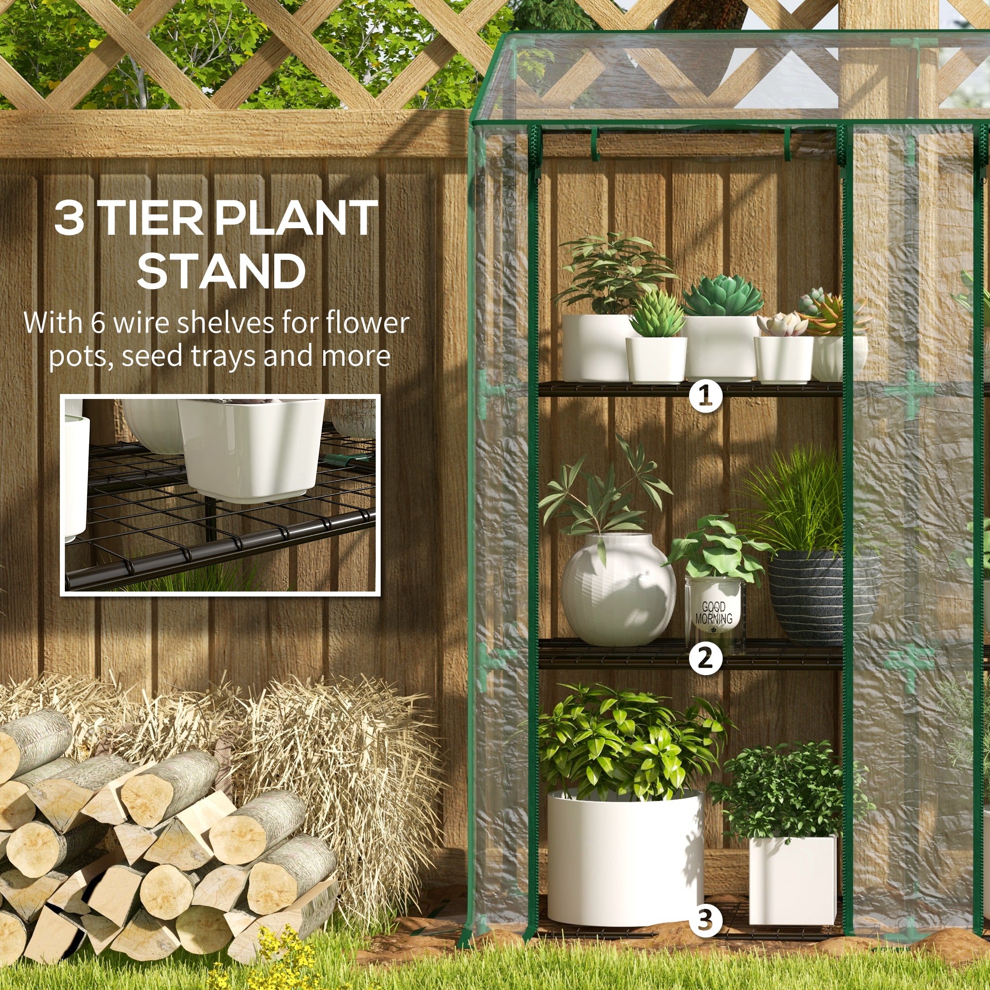 Outsunny Lean-to Mini Greenhouse with 3 Tier Shelves, Portable Green House with 2 Roll-up Doors, Garden Plant Grow Hot House for Indoor Outdoor, 56.3