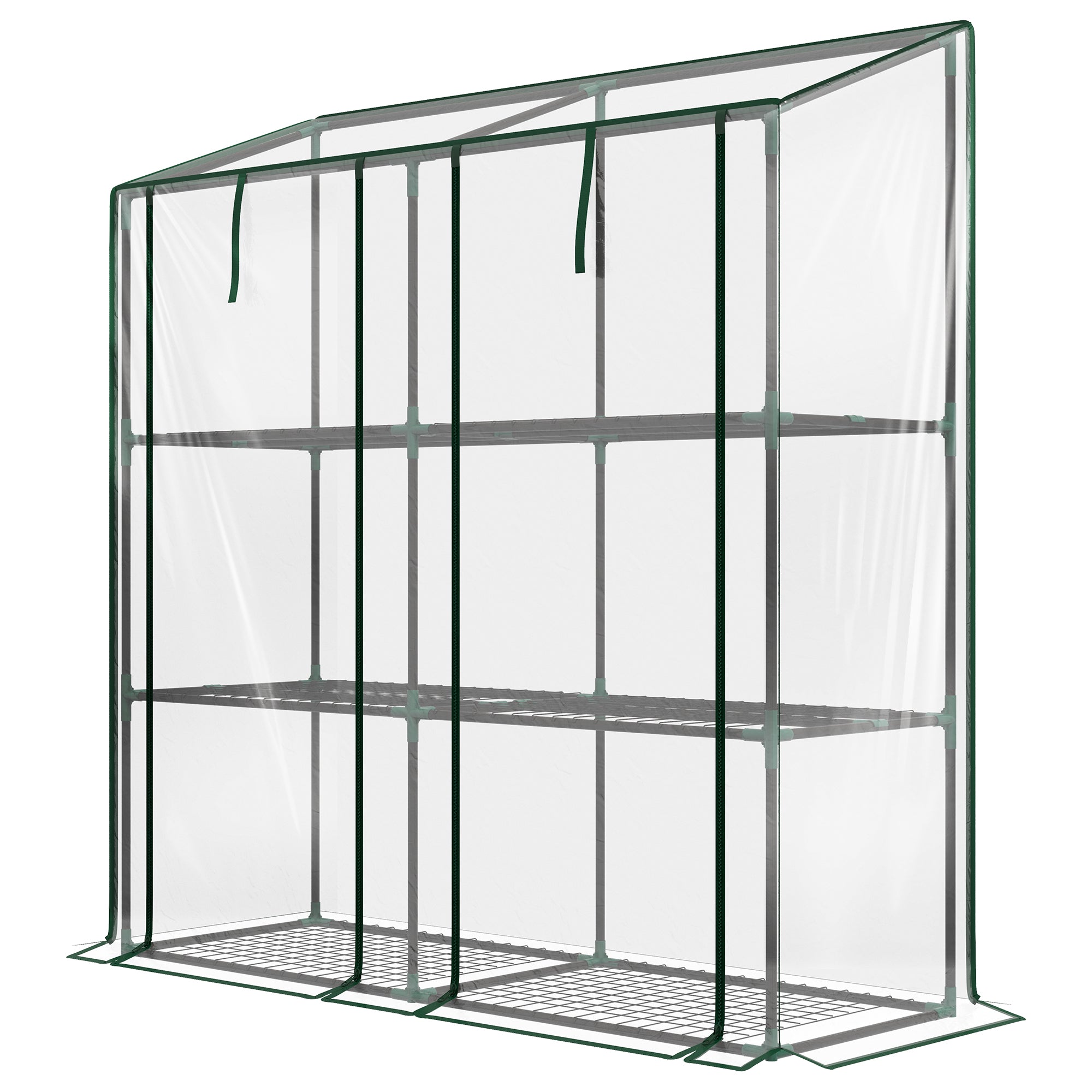 Outsunny Lean-to Mini Greenhouse with 3 Tier Shelves, Portable Green House with 2 Roll-up Doors, Garden Plant Grow Hot House for Indoor Outdoor, 56.3