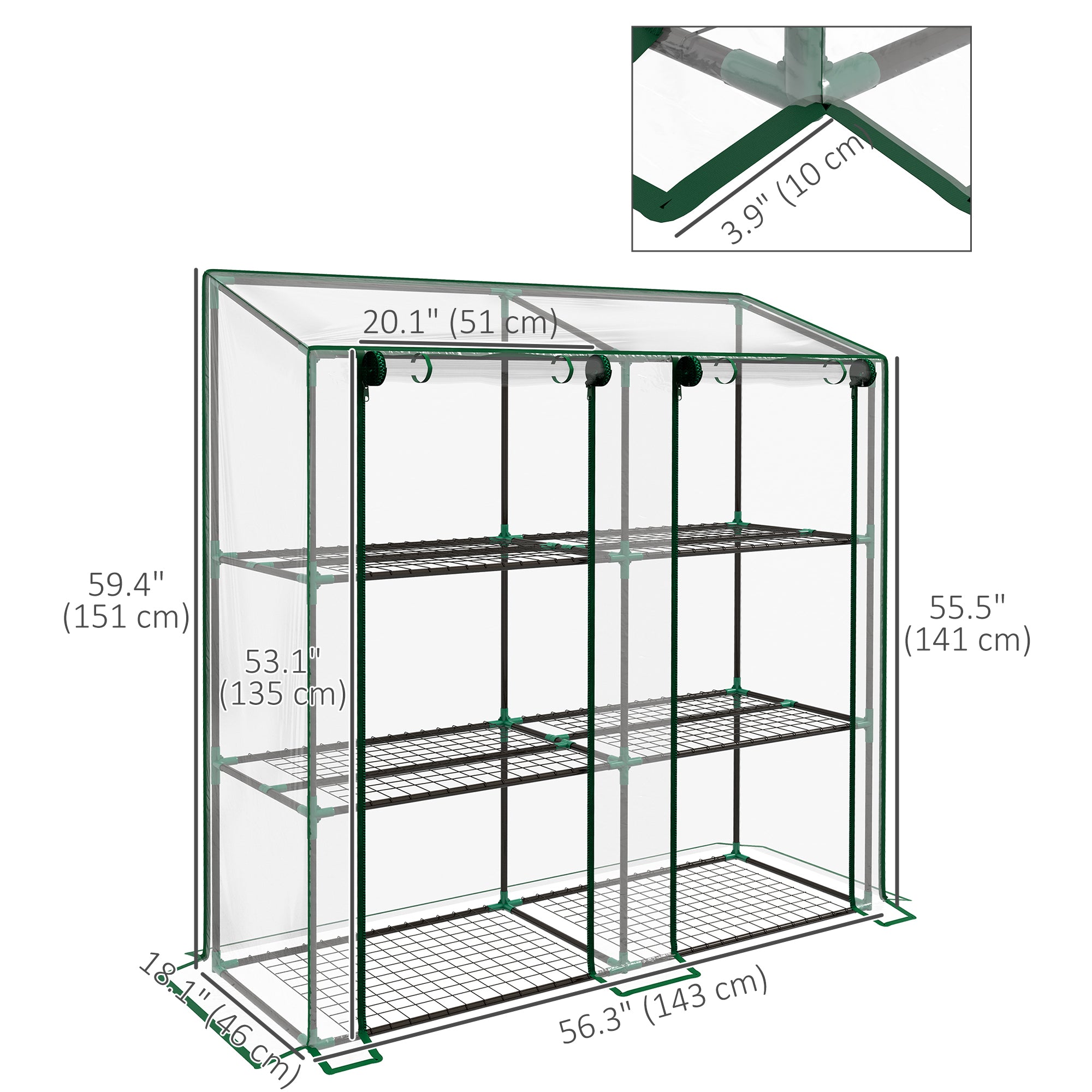Outsunny Lean-to Mini Greenhouse with 3 Tier Shelves, Portable Green House with 2 Roll-up Doors, Garden Plant Grow Hot House for Indoor Outdoor, 56.3
