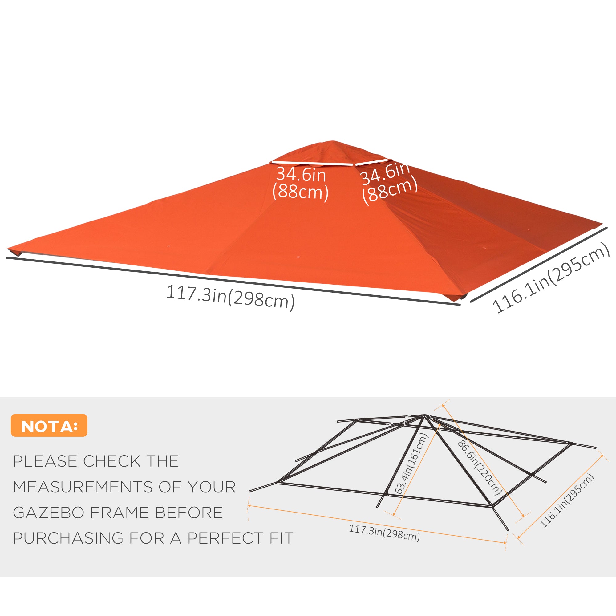 Outsunny 9.8' x 9.7' Square Gazebo Canopy Replacement UV Protected Top Cover Sun Shade Orange