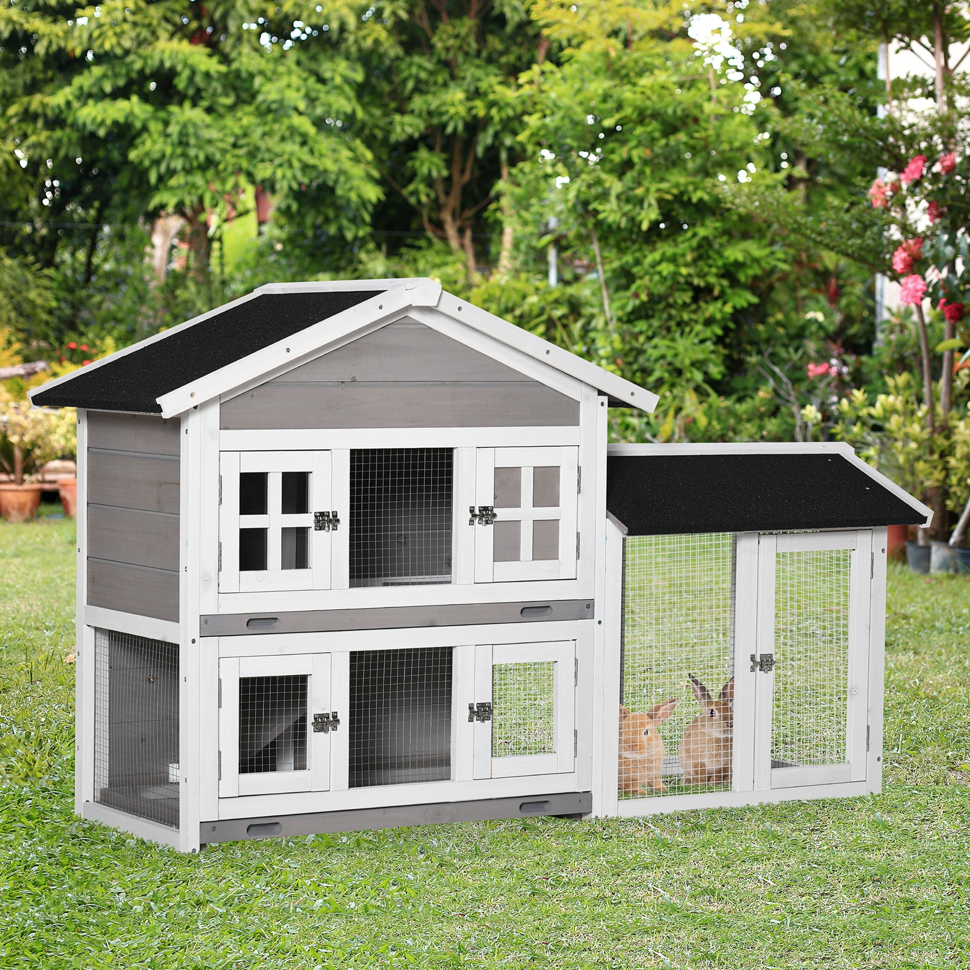 PawHut 59" Wooden Rabbit Hutch 2 Tier Bunny House Pet Playpen Enclosure for Indoor Outdoor with Slide-out Tray, Ramp, for Rabbits and Small Animals, Grey