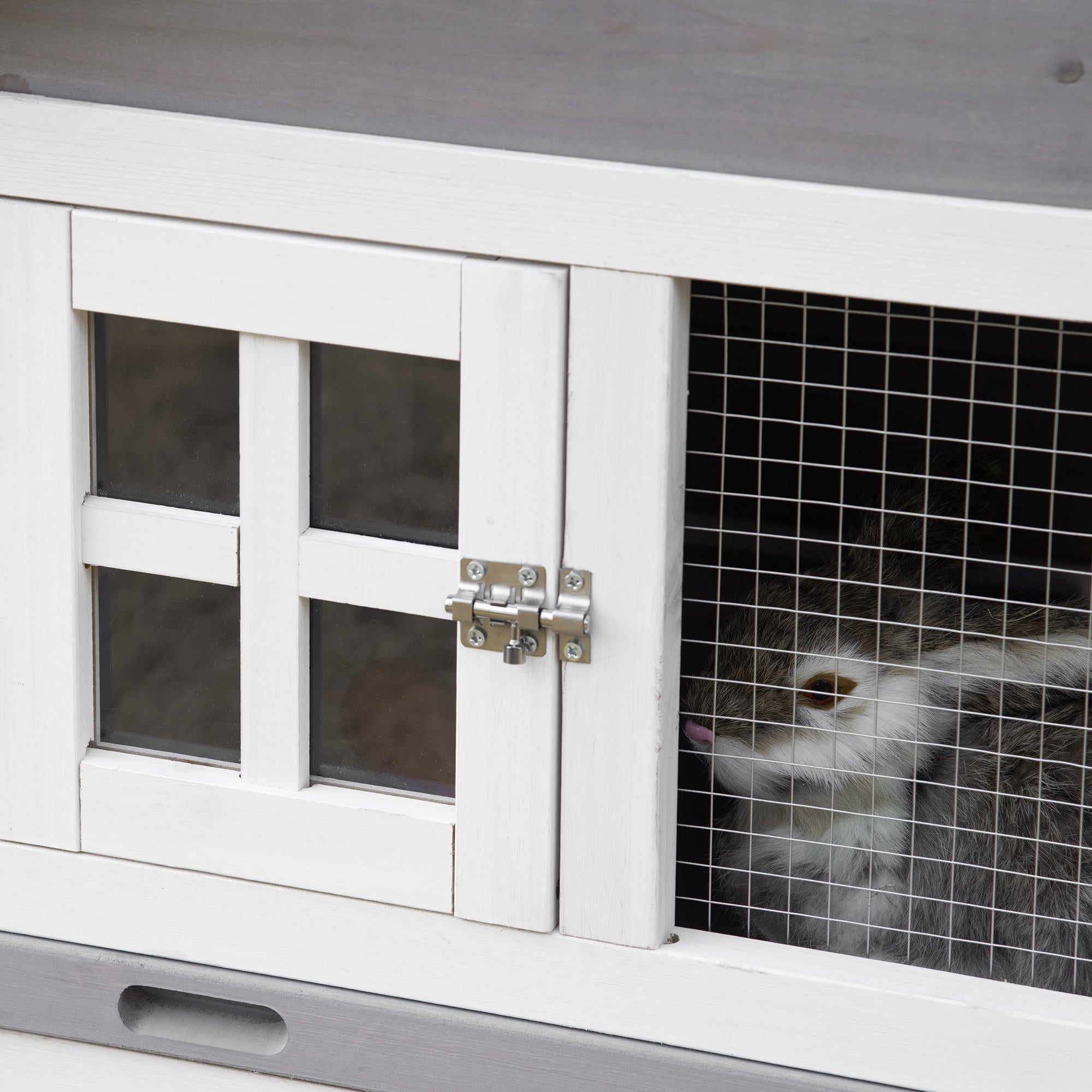PawHut 59" Wooden Rabbit Hutch 2 Tier Bunny House Pet Playpen Enclosure for Indoor Outdoor with Slide-out Tray, Ramp, for Guinea Pig and Small Animals, Grey