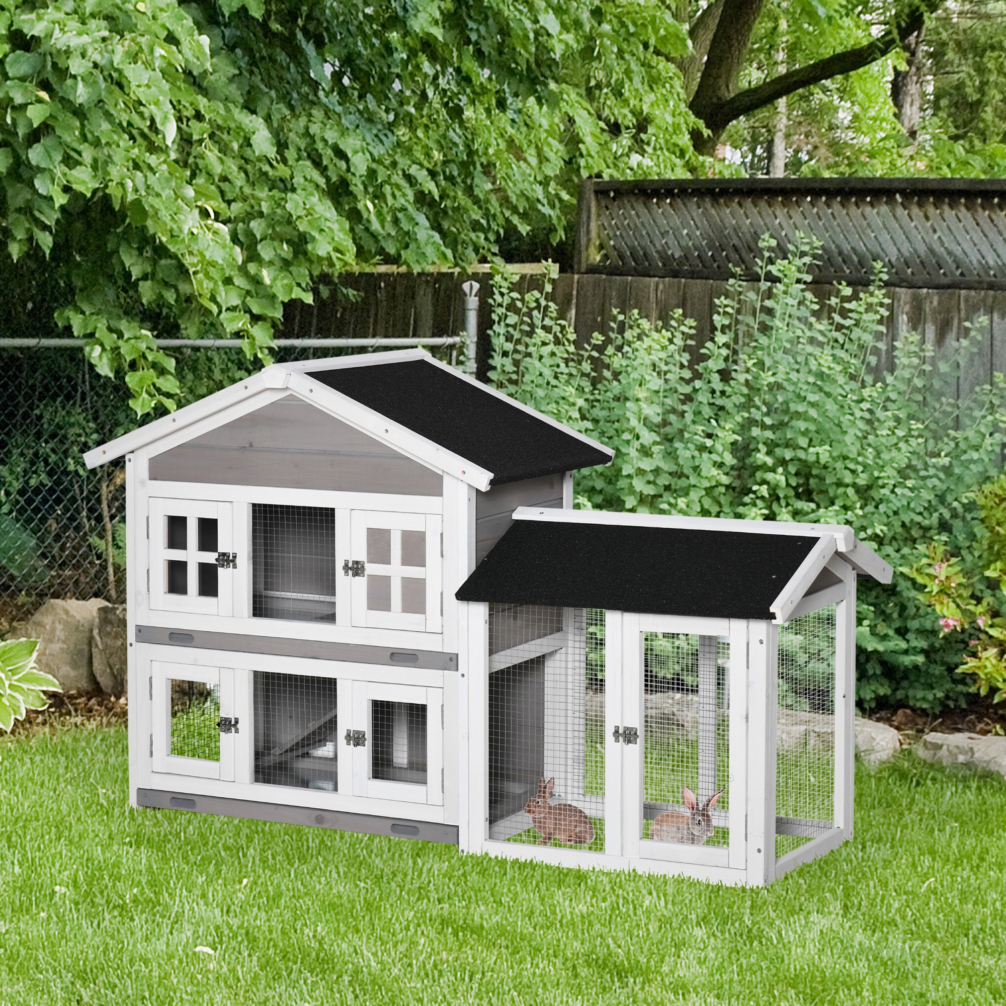 PawHut 2 Tier Wooden Rabbit Hutch, Guinea Pig Cage, Bunny Run, Small Animal House for Indoor Outdoor with Slide-out Tray, Ramp, 150 x 55 x 91cm, Grey