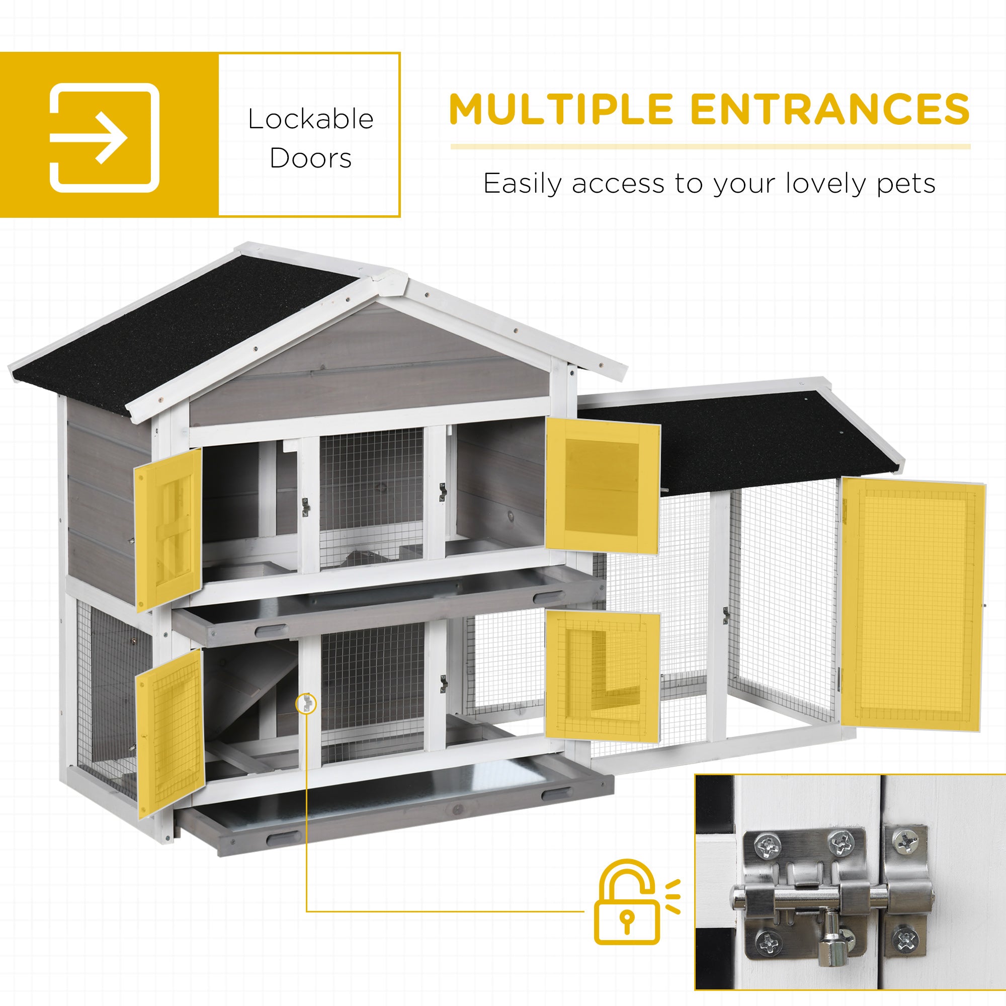 PawHut 59" Wooden Rabbit Hutch 2 Tier Bunny House Pet Playpen Enclosure for Indoor Outdoor with Slide-out Tray, Ramp, for Rabbits and Small Animals, Grey