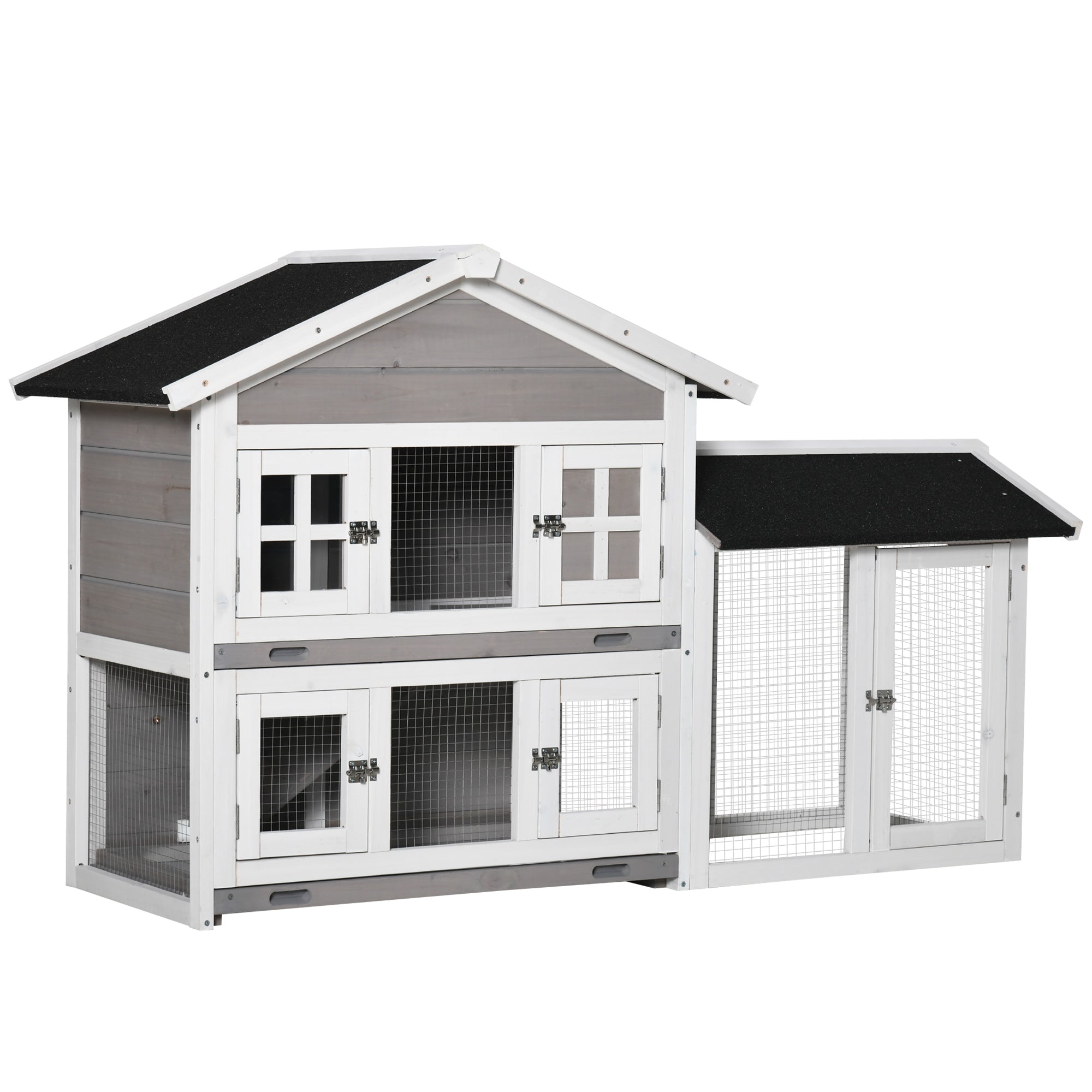 PawHut 59" Wooden Rabbit Hutch 2 Tier Bunny House Pet Playpen Enclosure for Indoor Outdoor with Slide-out Tray, Ramp, for Guinea Pig and Small Animals, Grey