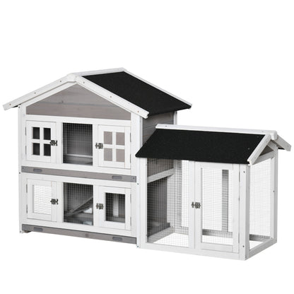 PawHut 59" Wooden Rabbit Hutch 2 Tier Bunny House Pet Playpen Enclosure for Indoor Outdoor with Slide-out Tray, Ramp, for Guinea Pig and Small Animals, Grey