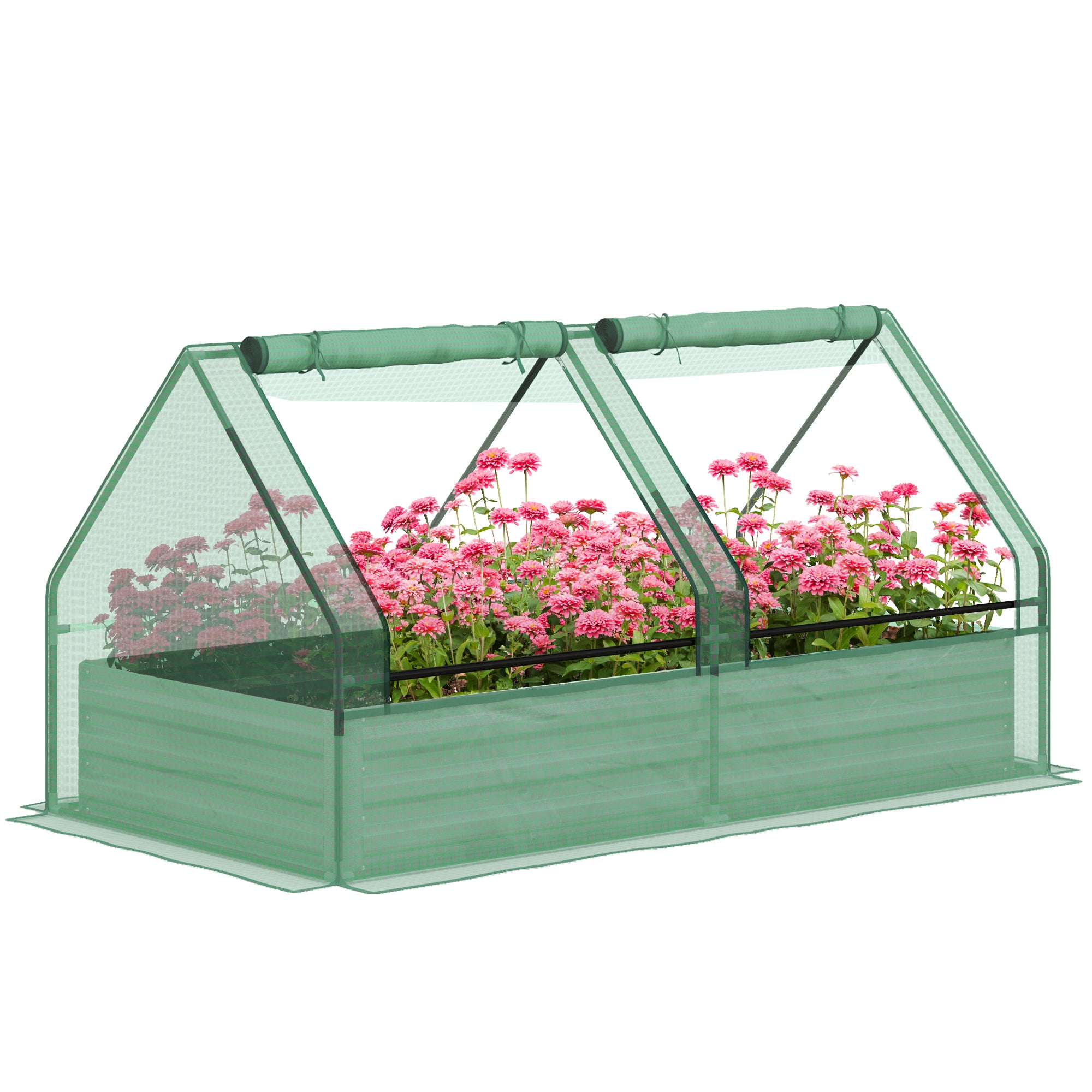 Outsunny 6' x 3' Metal Planter Box with 2 Roll-Up Windows, Raised Garden Bed with Mini Greenhouse for Herbs, Vegetables, Green and Silver