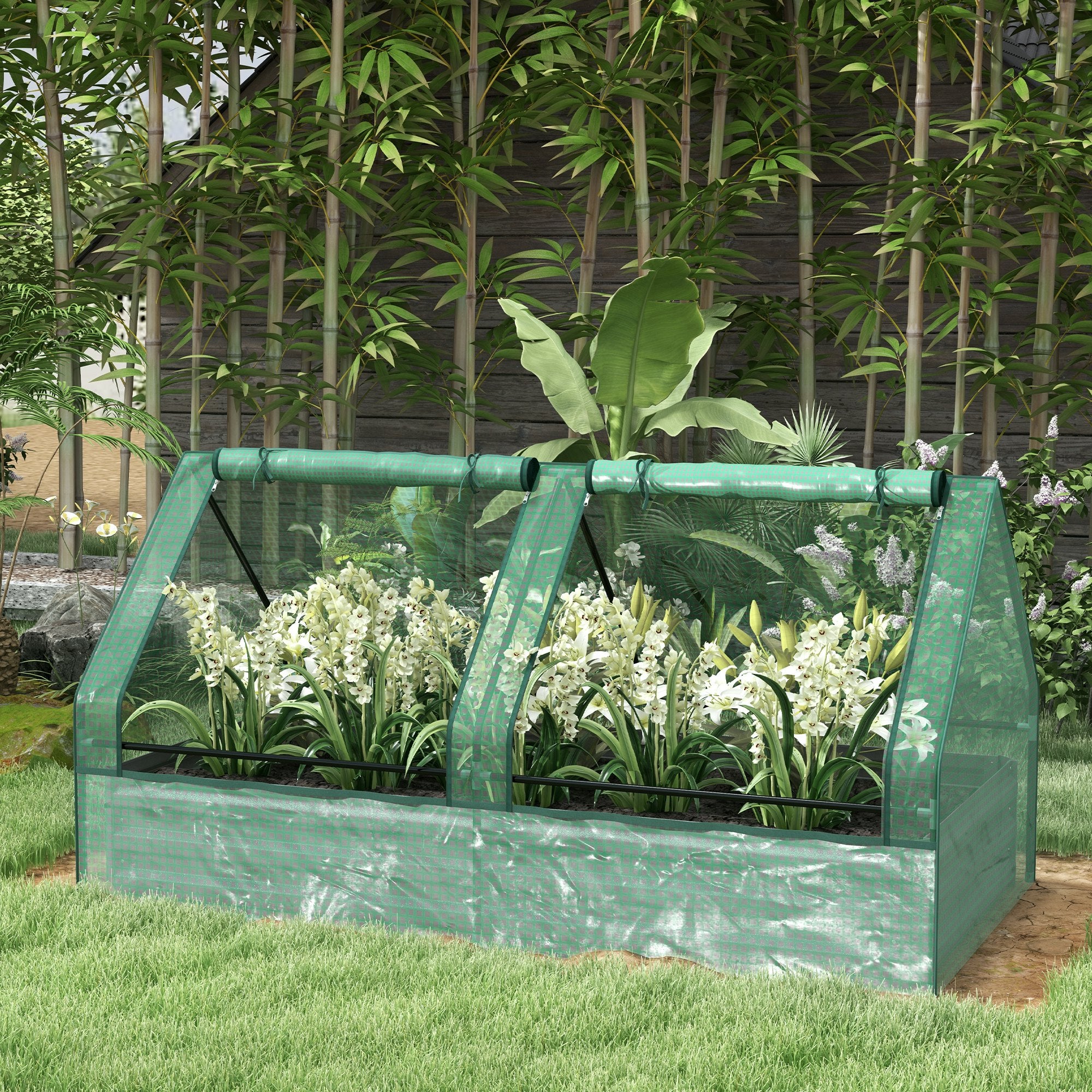 Outsunny 6' x 3' Metal Planter Box with 2 Roll-Up Windows, Raised Garden Bed with Mini Greenhouse for Herbs, Vegetables, Green and Silver