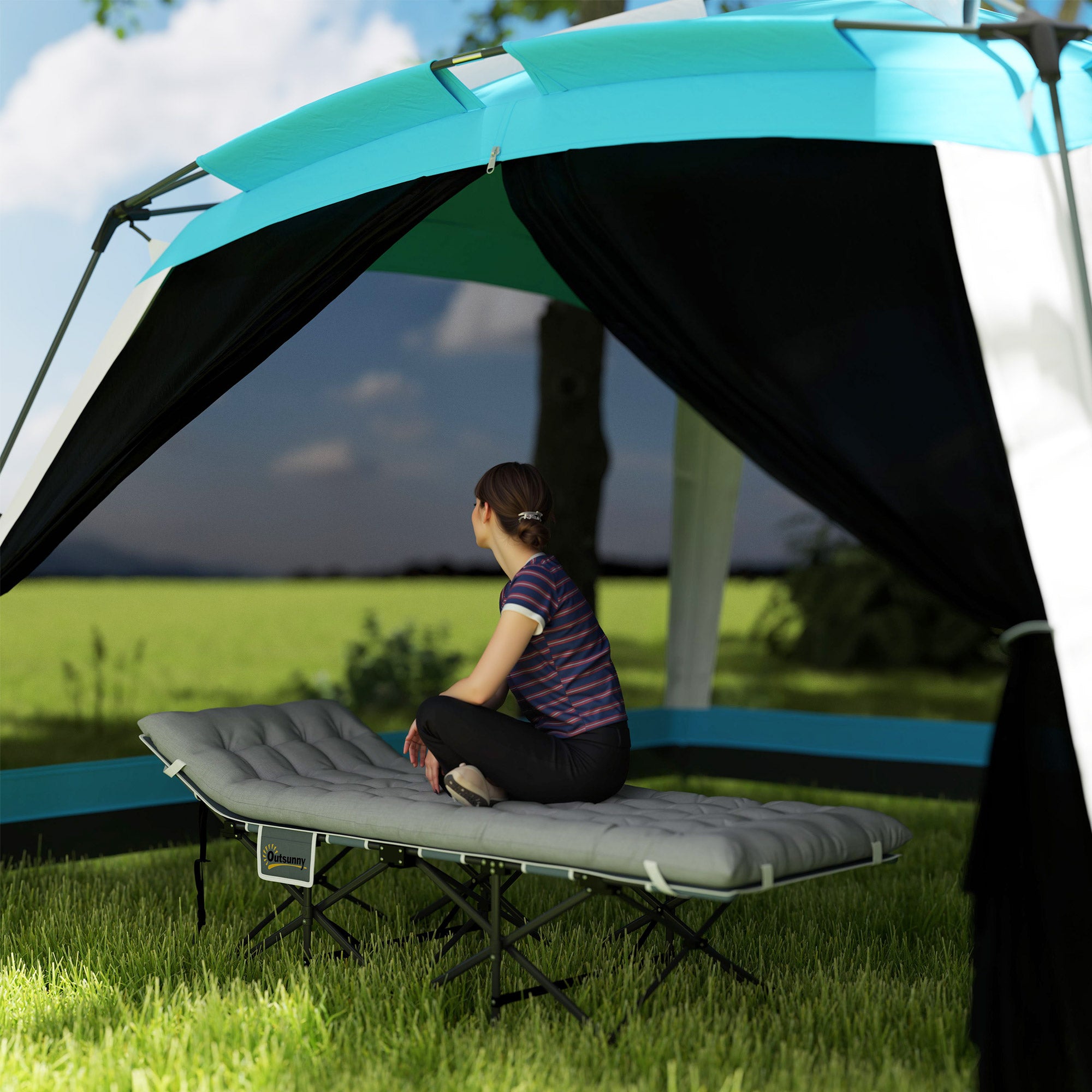Outsunny Camping Cot for Adults with Mattress, 25.6" Wide Folding Bed with Carry Bag, Storage Pocket, Non-Slip Feet for Outdoor Travel Home Office, Max Load 330 LBS, Light Grey