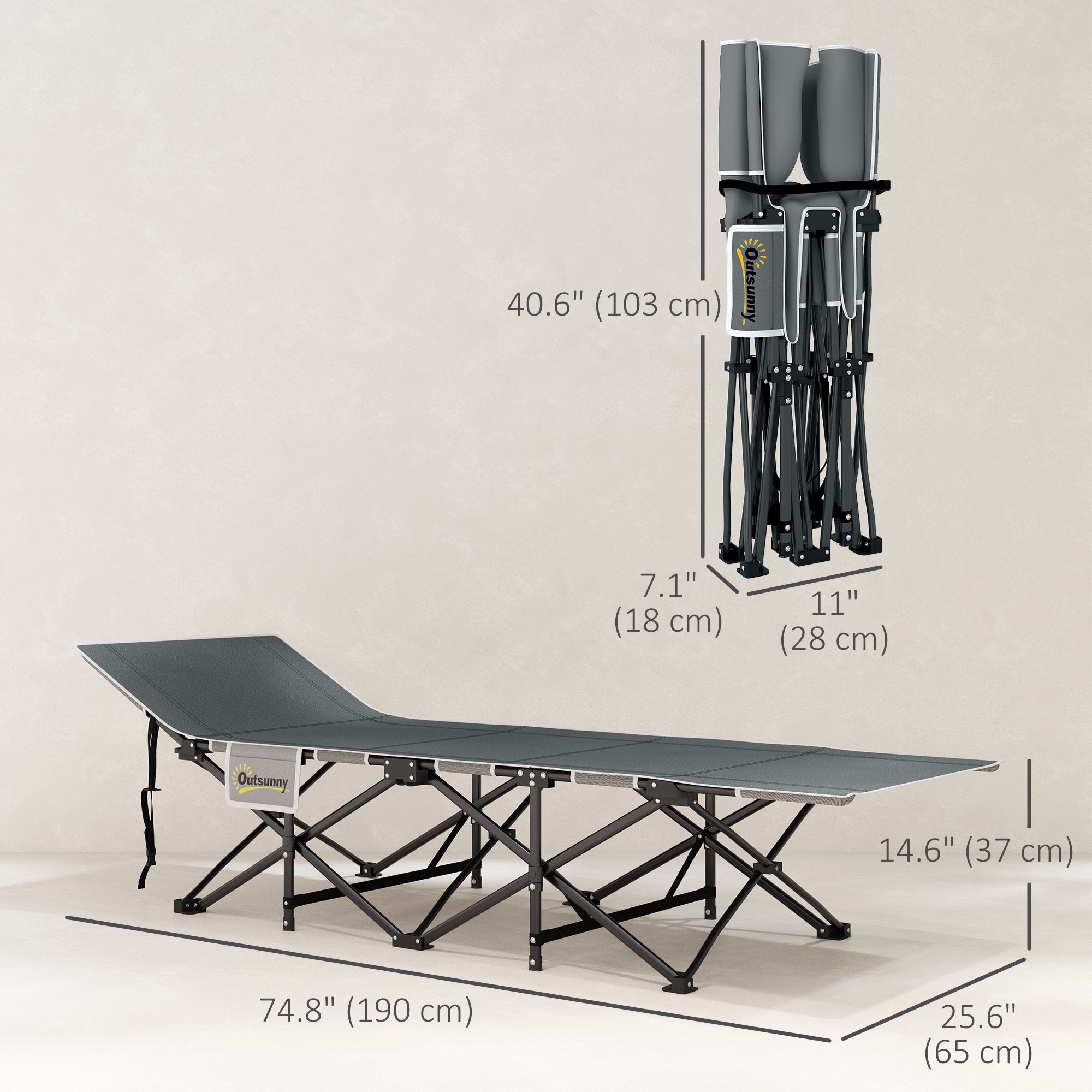 Outsunny Camping Cot for Adults with Mattress, 25.6" Wide Folding Bed with Carry Bag, Storage Pocket, Non-Slip Feet for Outdoor Travel Home Office, Max Load 330 LBS, Light Grey