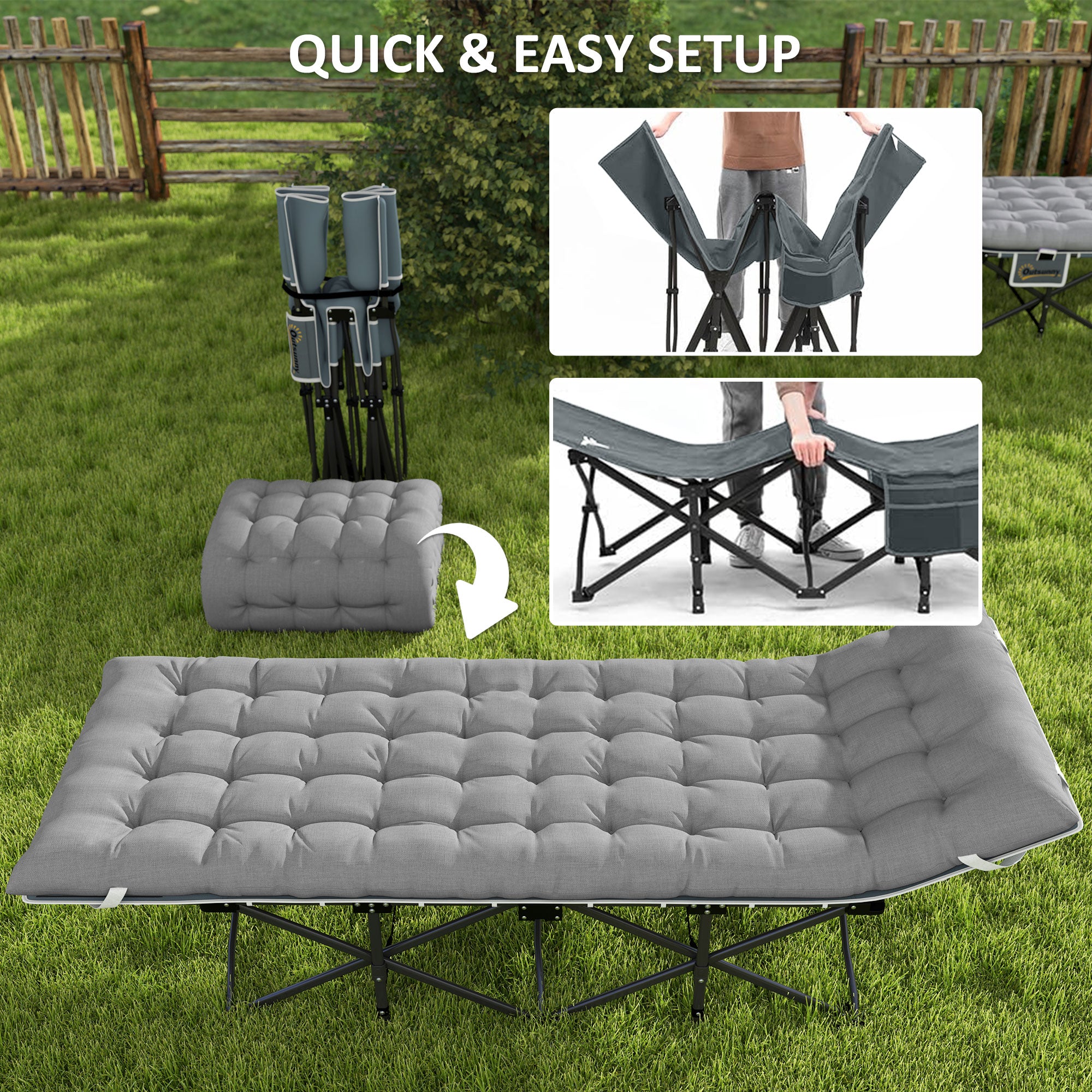 Outsunny Camping Cot for Adults with Mattress, 25.6" Wide Folding Bed with Carry Bag, Storage Pocket, Non-Slip Feet for Outdoor Travel Home Office, Max Load 330 LBS, Light Grey