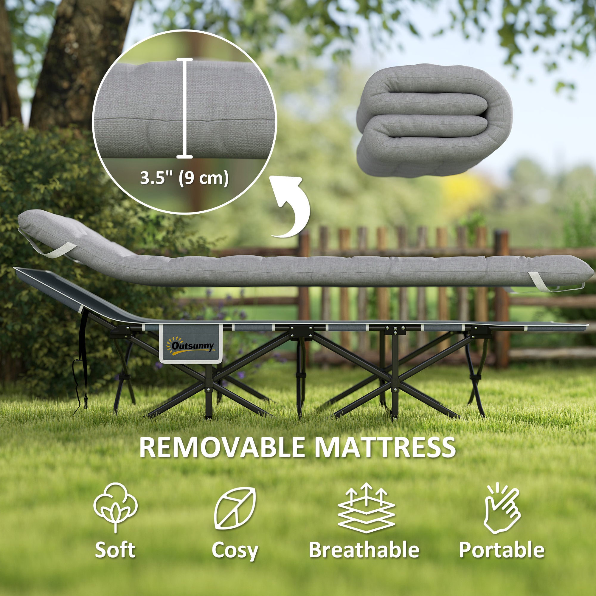Outsunny Camping Cot for Adults with Mattress, 25.6" Wide Folding Bed with Carry Bag, Storage Pocket, Non-Slip Feet for Outdoor Travel Home Office, Max Load 330 LBS, Light Grey