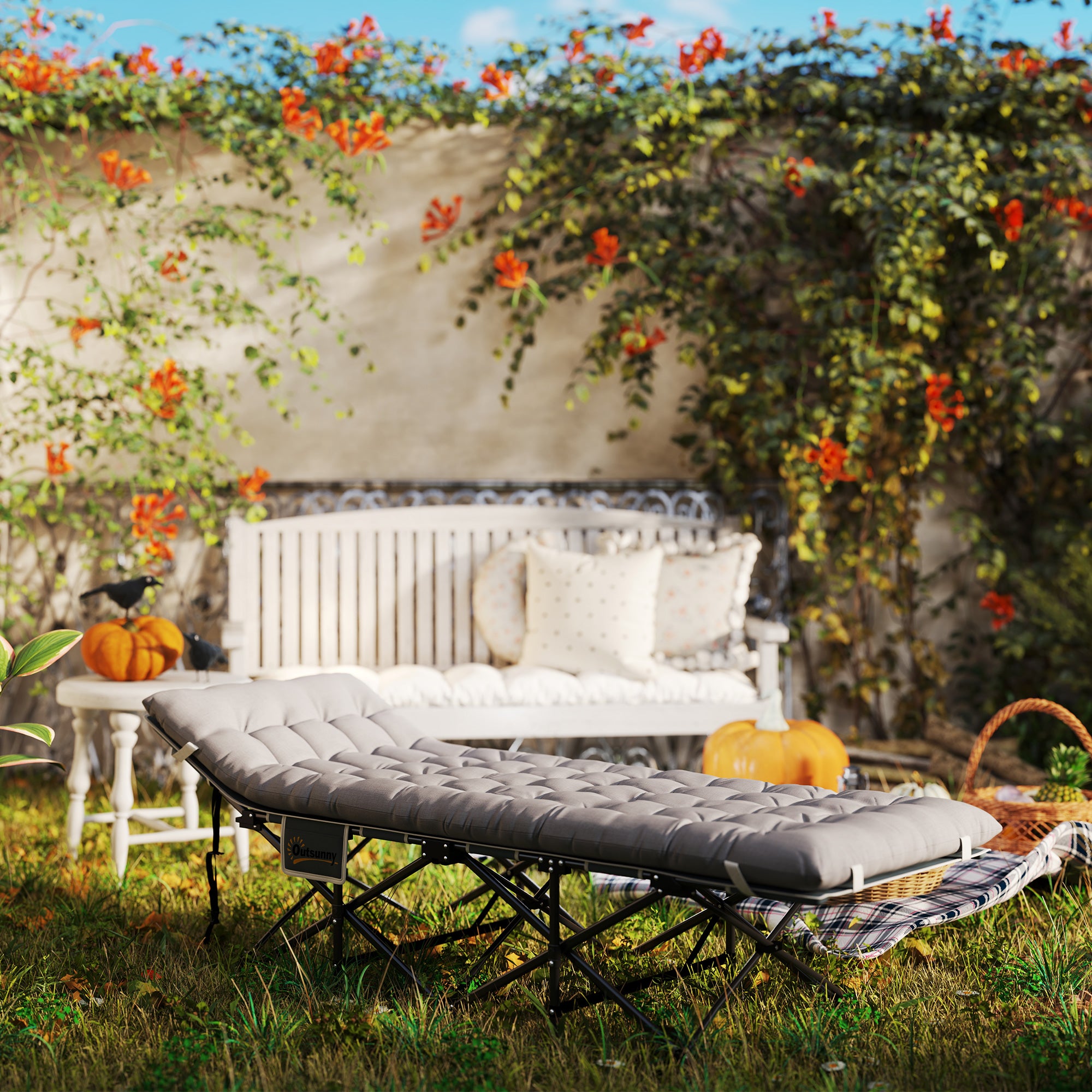 Outsunny Camping Cot for Adults with Mattress, 25.6" Wide Folding Bed with Carry Bag, Storage Pocket, Non-Slip Feet for Outdoor Travel Home Office, Max Load 330 LBS, Light Grey