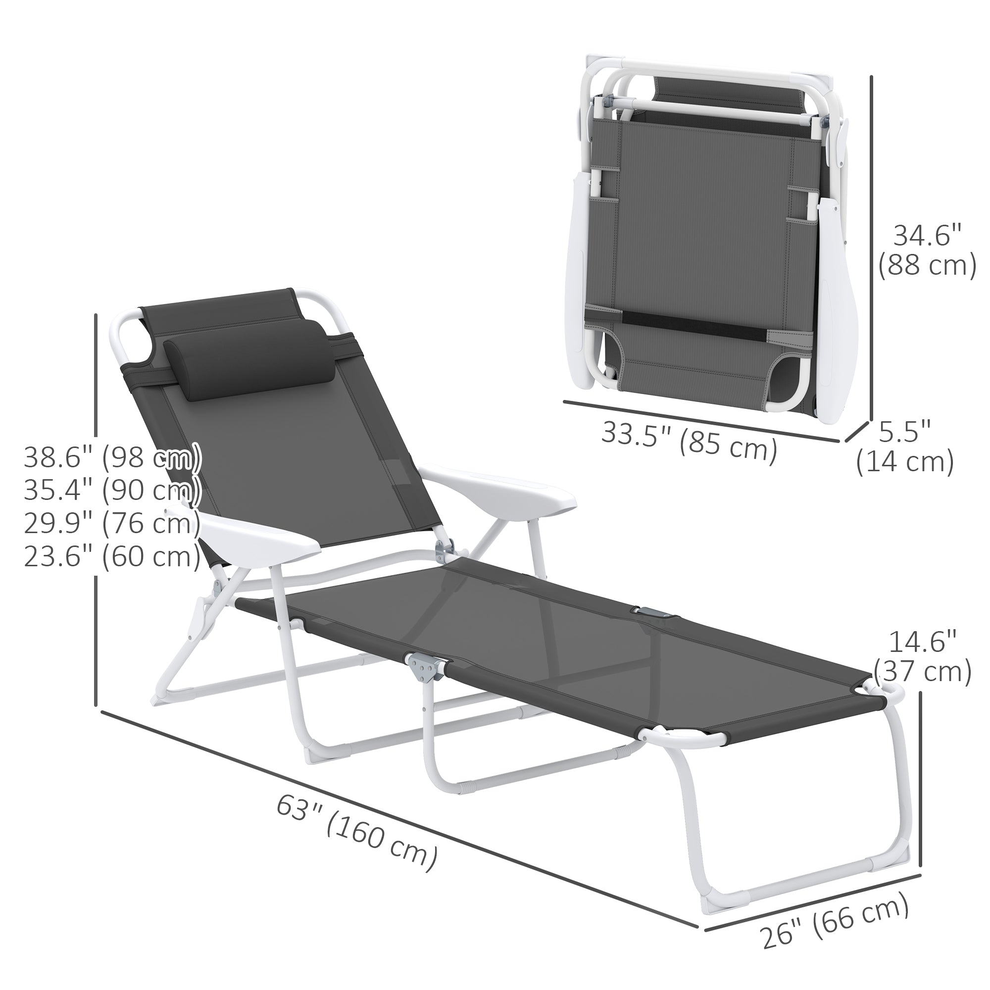 Outsunny Outdoor Lounge Chair, Patio Garden Folding Chaise Lounge Sun Beach Reclining Tanning Chair with 4-Level Adjustable Backrest & Headrest, Charcoal Grey