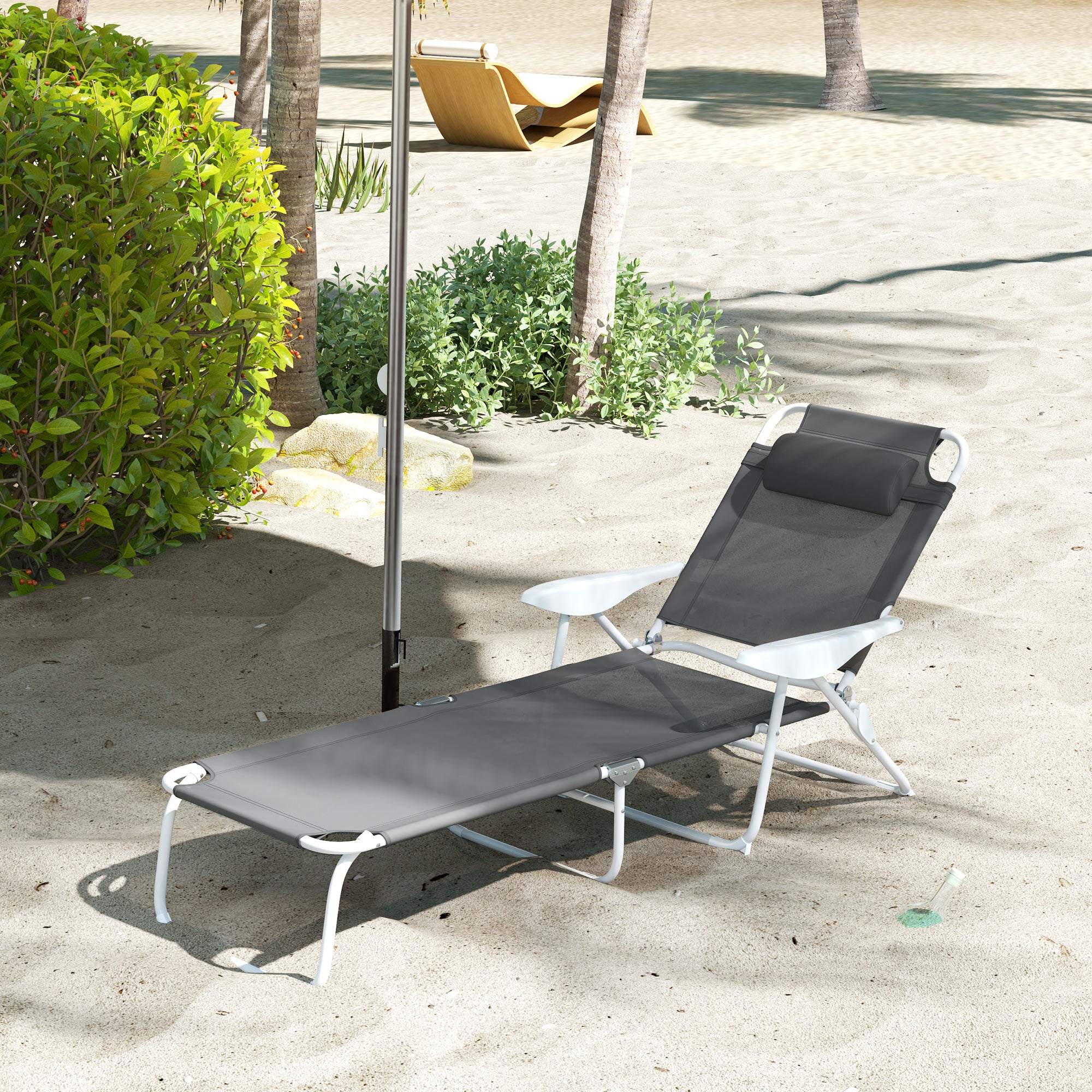 Outsunny Outdoor Lounge Chair, Patio Garden Folding Chaise Lounge Sun Beach Reclining Tanning Chair with 4-Level Adjustable Backrest & Headrest, Charcoal Grey