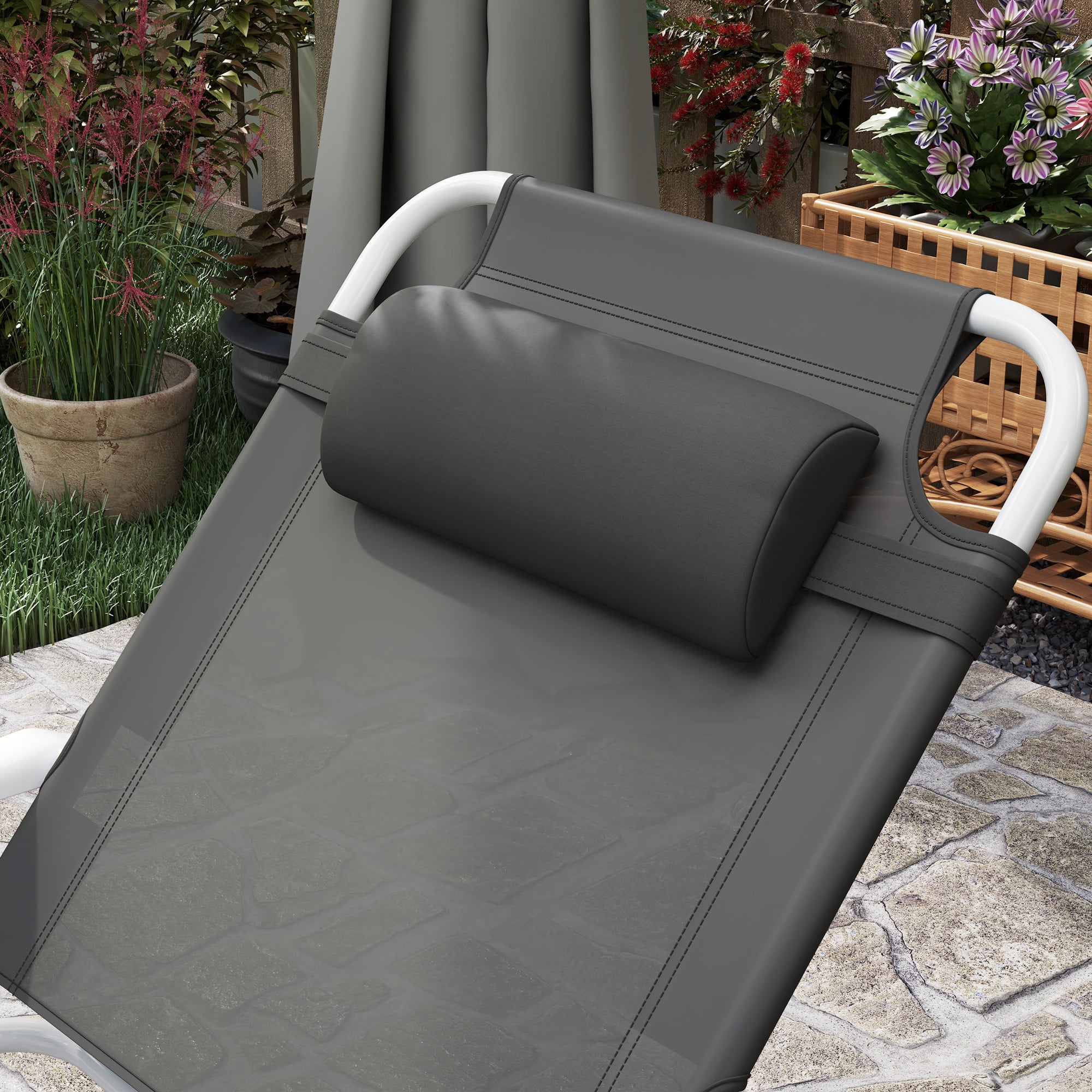 Outsunny Outdoor Lounge Chair, Patio Garden Folding Chaise Lounge Sun Beach Reclining Tanning Chair with 4-Level Adjustable Backrest & Headrest, Charcoal Grey