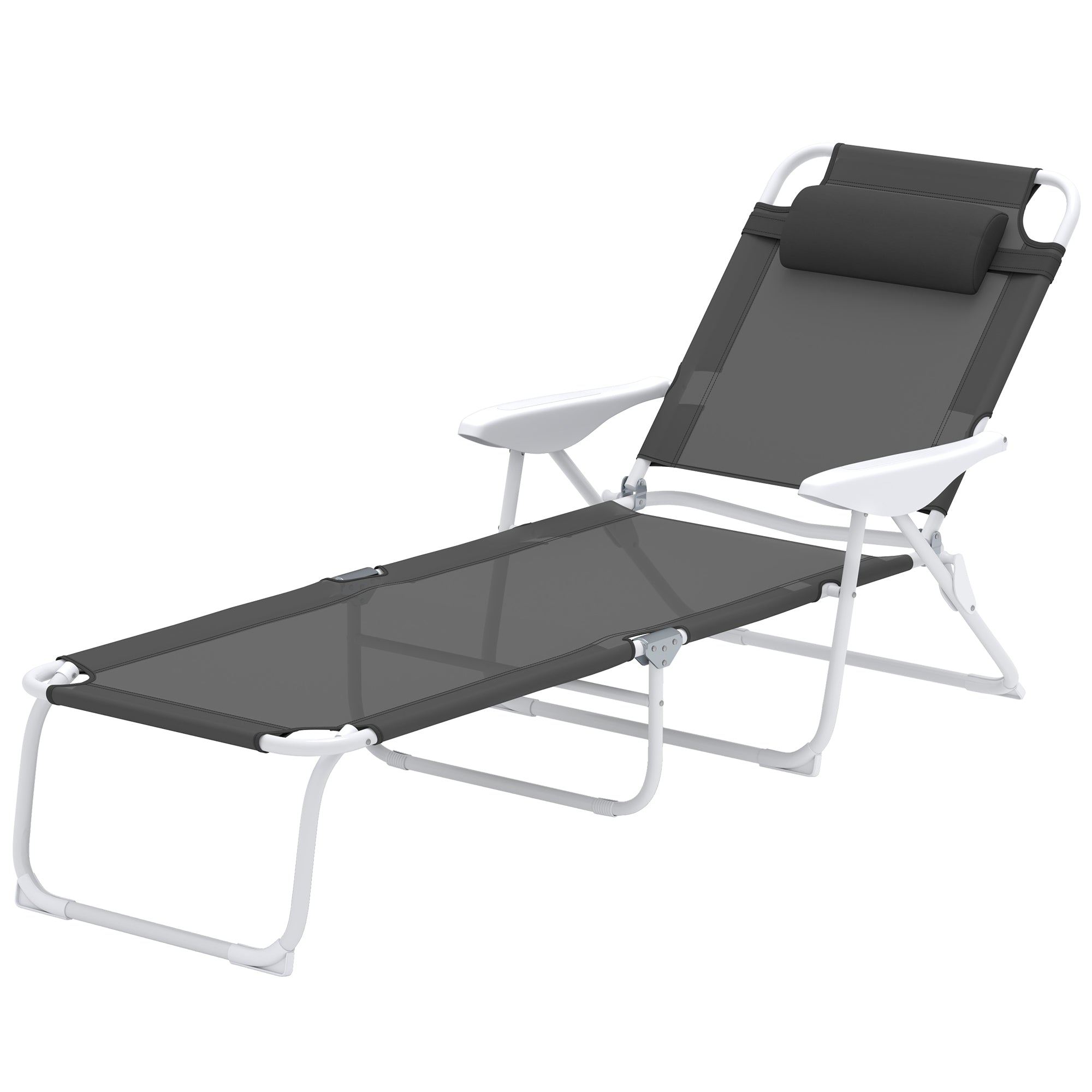 Outsunny Outdoor Lounge Chair, Patio Garden Folding Chaise Lounge Sun Beach Reclining Tanning Chair with 4-Level Adjustable Backrest & Headrest, Charcoal Grey