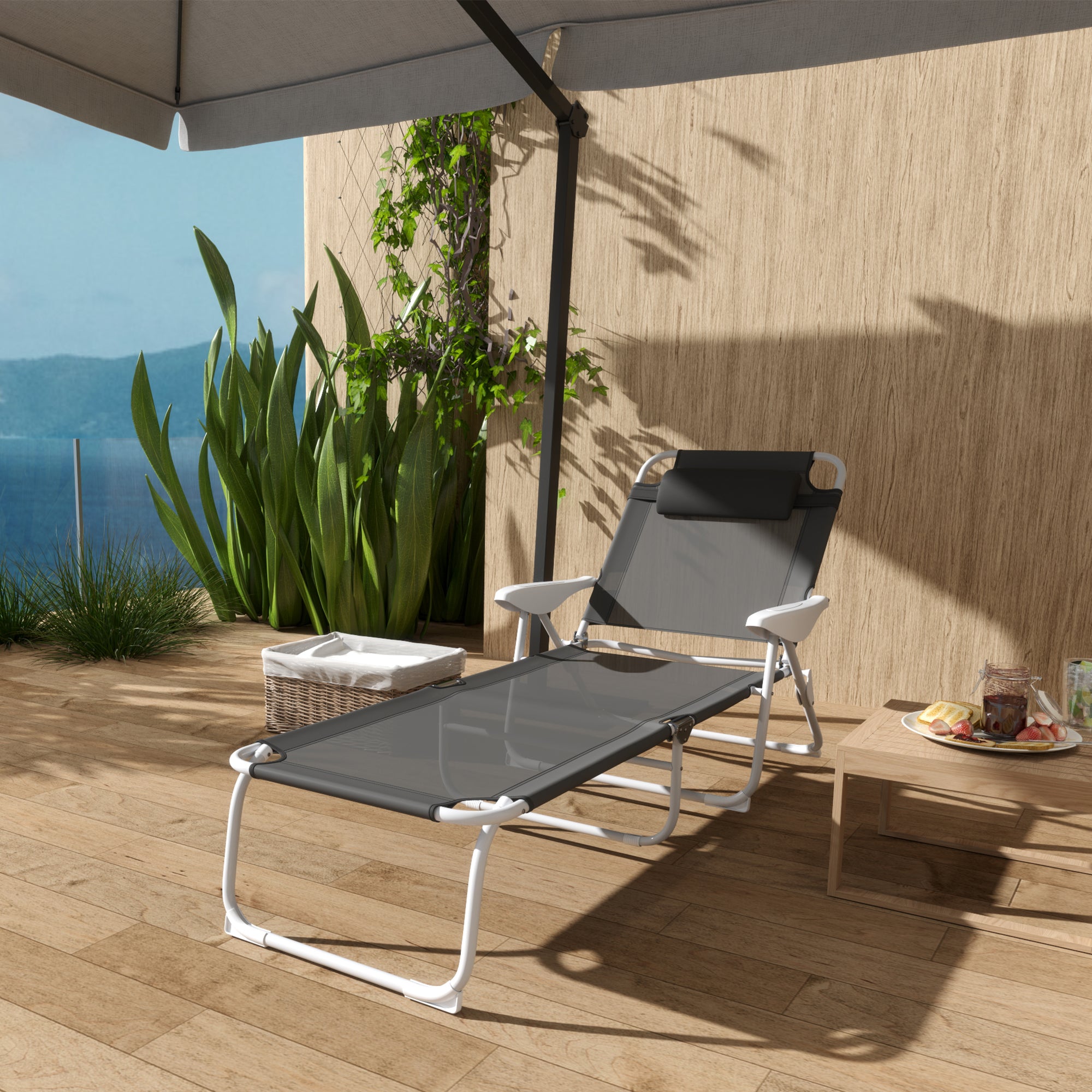 Outsunny Outdoor Lounge Chair, Patio Garden Folding Chaise Lounge Sun Beach Reclining Tanning Chair with 4-Level Adjustable Backrest & Headrest, Charcoal Grey