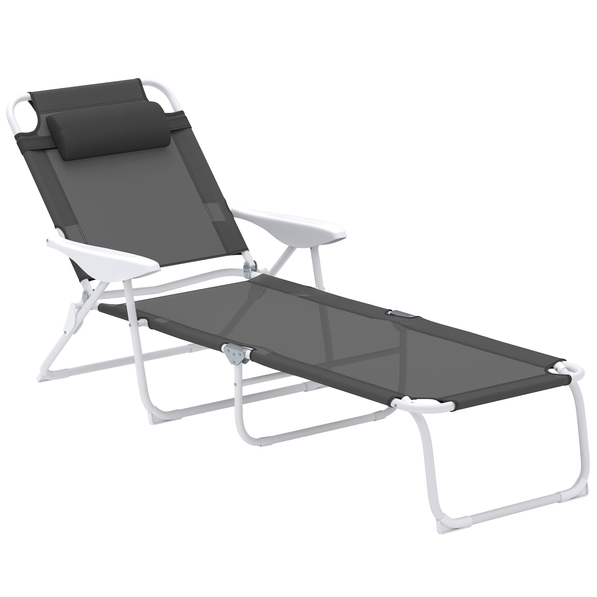 Outsunny Outdoor Lounge Chair, Patio Garden Folding Chaise Lounge Sun Beach Reclining Tanning Chair with 4-Level Adjustable Backrest & Headrest, Charcoal Grey