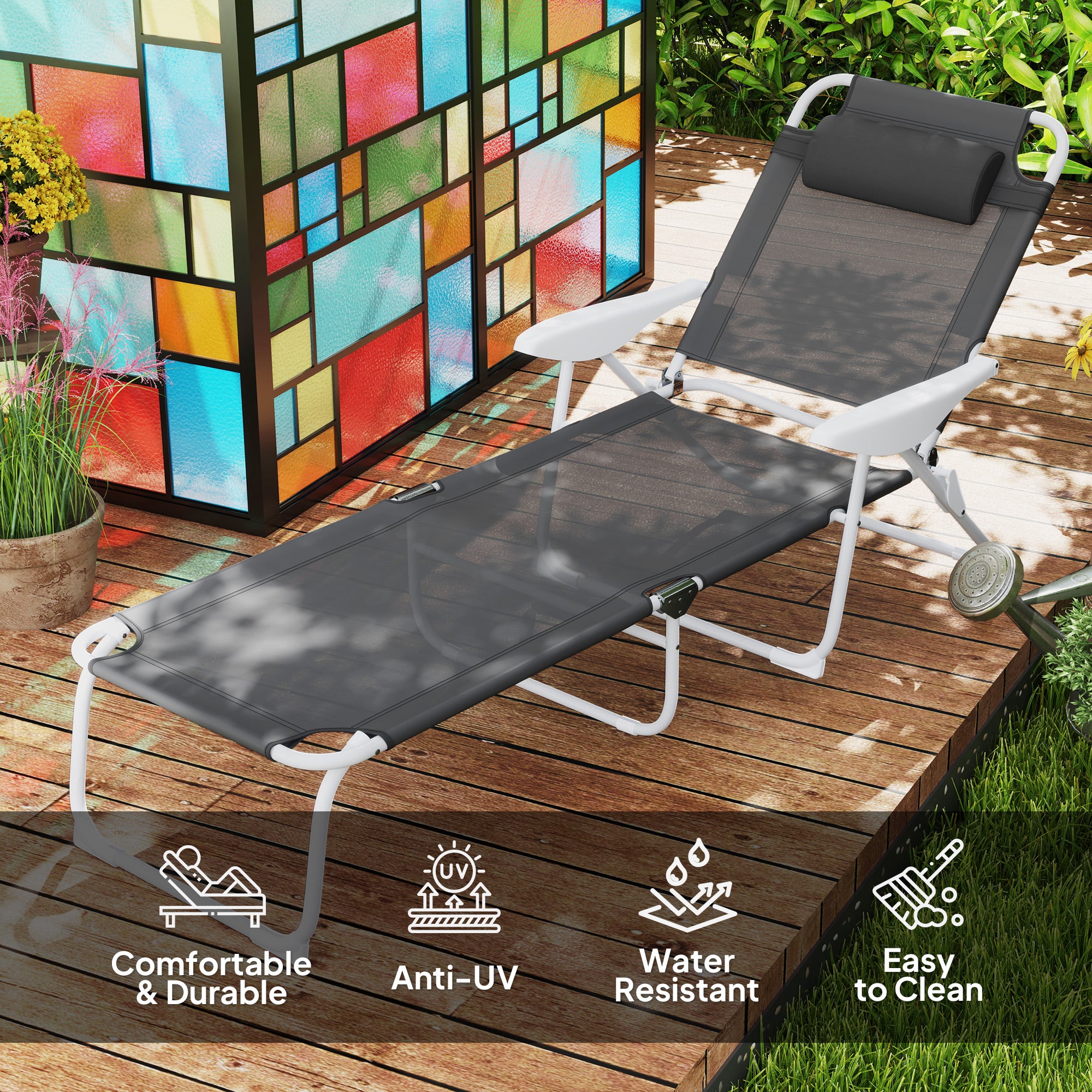 Outsunny Outdoor Lounge Chair, Patio Garden Folding Chaise Lounge Sun Beach Reclining Tanning Chair with 4-Level Adjustable Backrest & Headrest, Charcoal Grey