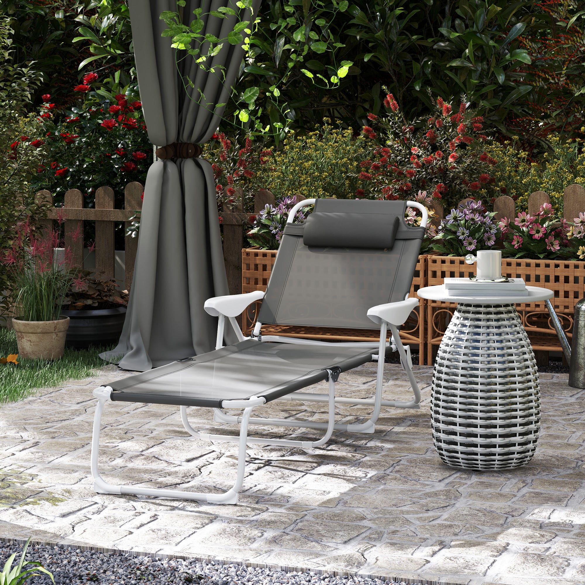 Outsunny Outdoor Lounge Chair, Patio Garden Folding Chaise Lounge Sun Beach Reclining Tanning Chair with 4-Level Adjustable Backrest & Headrest, Charcoal Grey