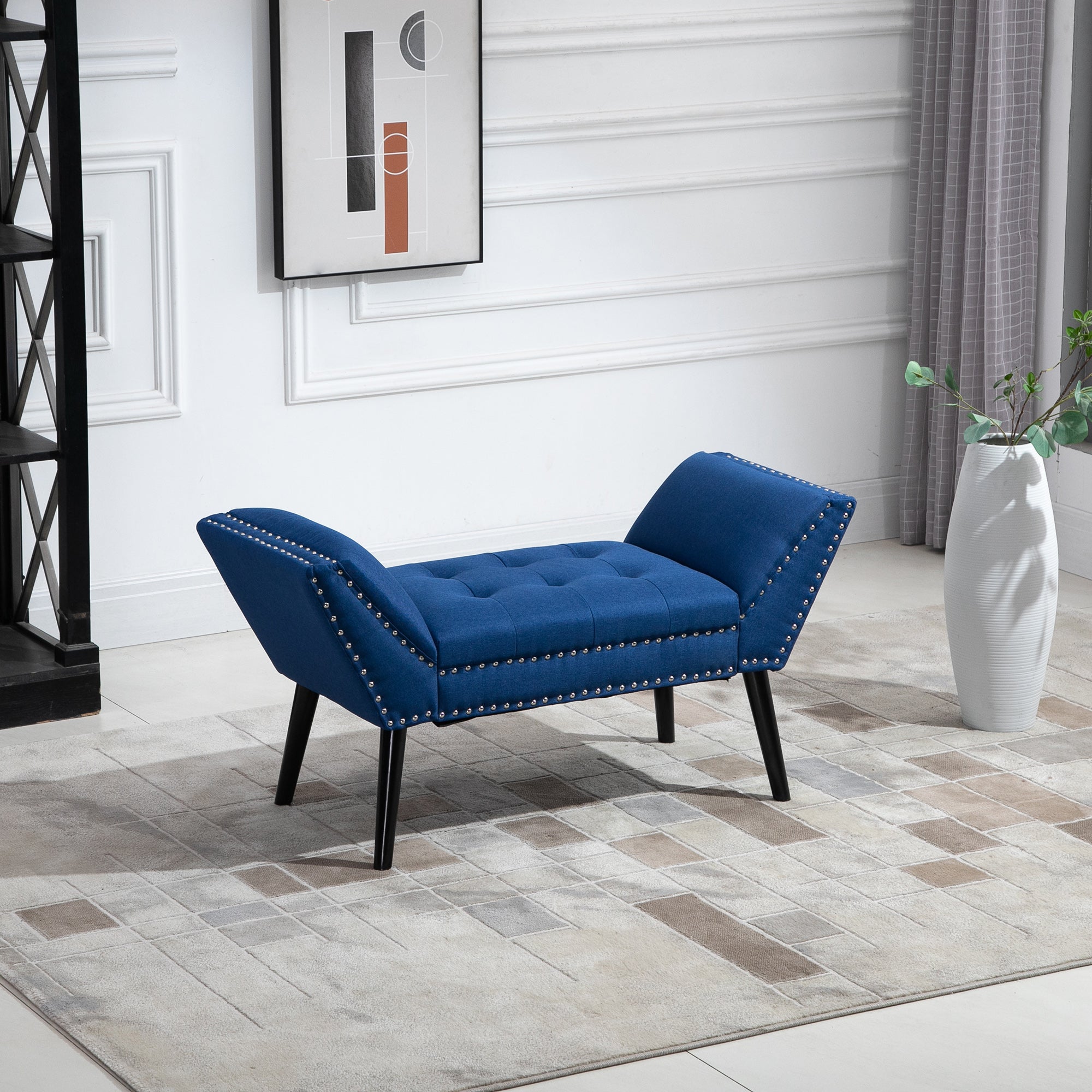 HOMCOM Button Tufted End of Bed Bench, Linen Fabric Upholstered Bedroom Bench, Entryway Bench with Arms and Nailhead Trim for Living Room, Hallway, Blue