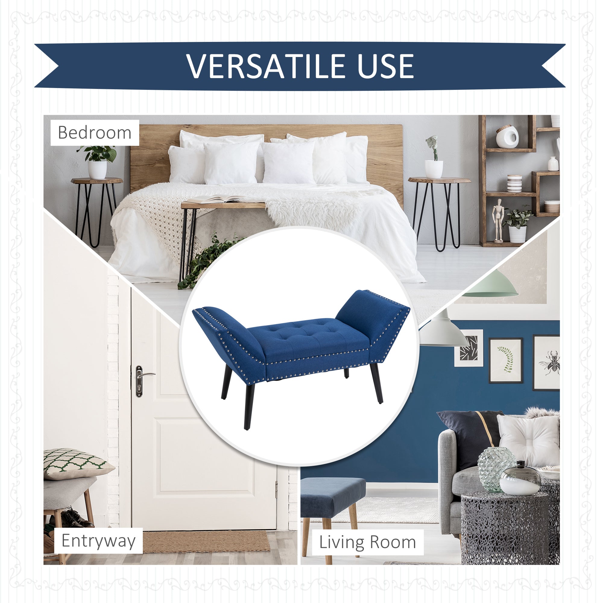 HOMCOM Button Tufted End of Bed Bench, Linen Fabric Upholstered Bedroom Bench, Entryway Bench with Arms and Nailhead Trim for Living Room, Hallway, Blue