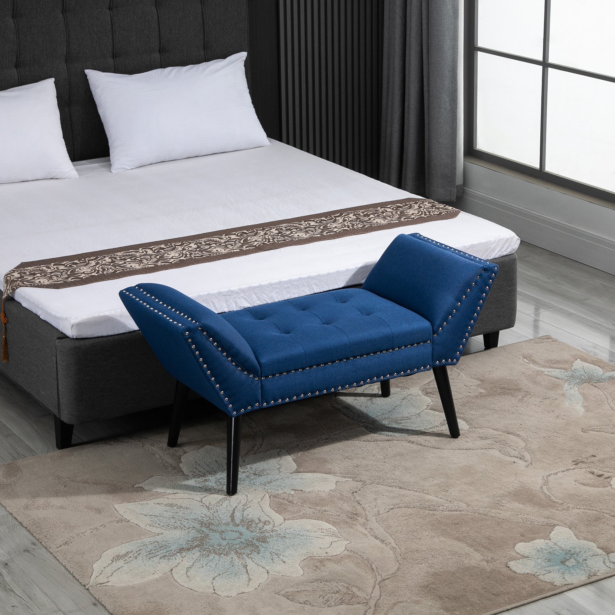HOMCOM Button Tufted End of Bed Bench, Linen Fabric Upholstered Bedroom Bench, Entryway Bench with Arms and Nailhead Trim for Living Room, Hallway, Blue