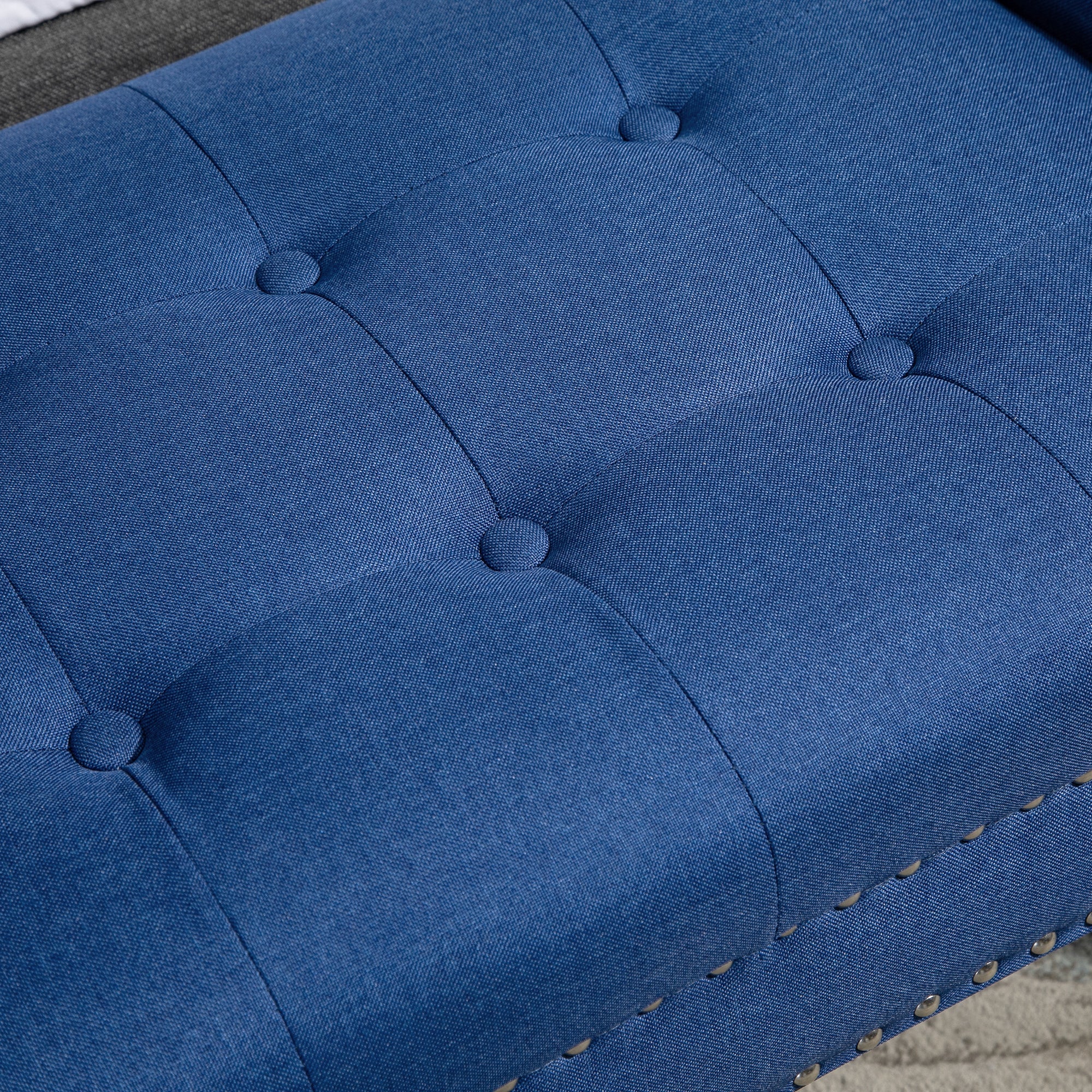 HOMCOM Button Tufted End of Bed Bench, Linen Fabric Upholstered Bedroom Bench, Entryway Bench with Arms and Nailhead Trim for Living Room, Hallway, Blue