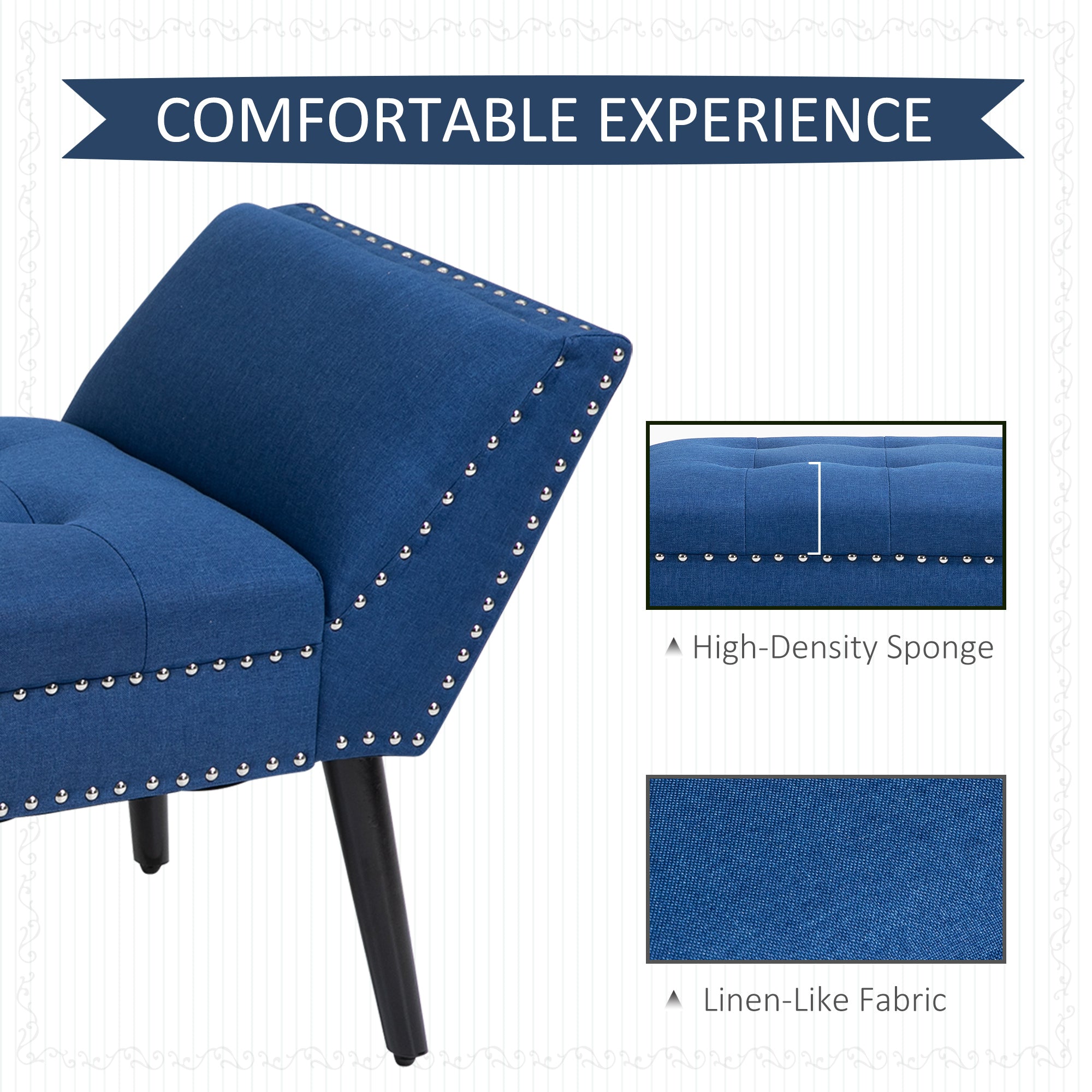 HOMCOM Button Tufted End of Bed Bench, Linen Fabric Upholstered Bedroom Bench, Entryway Bench with Arms and Nailhead Trim for Living Room, Hallway, Blue