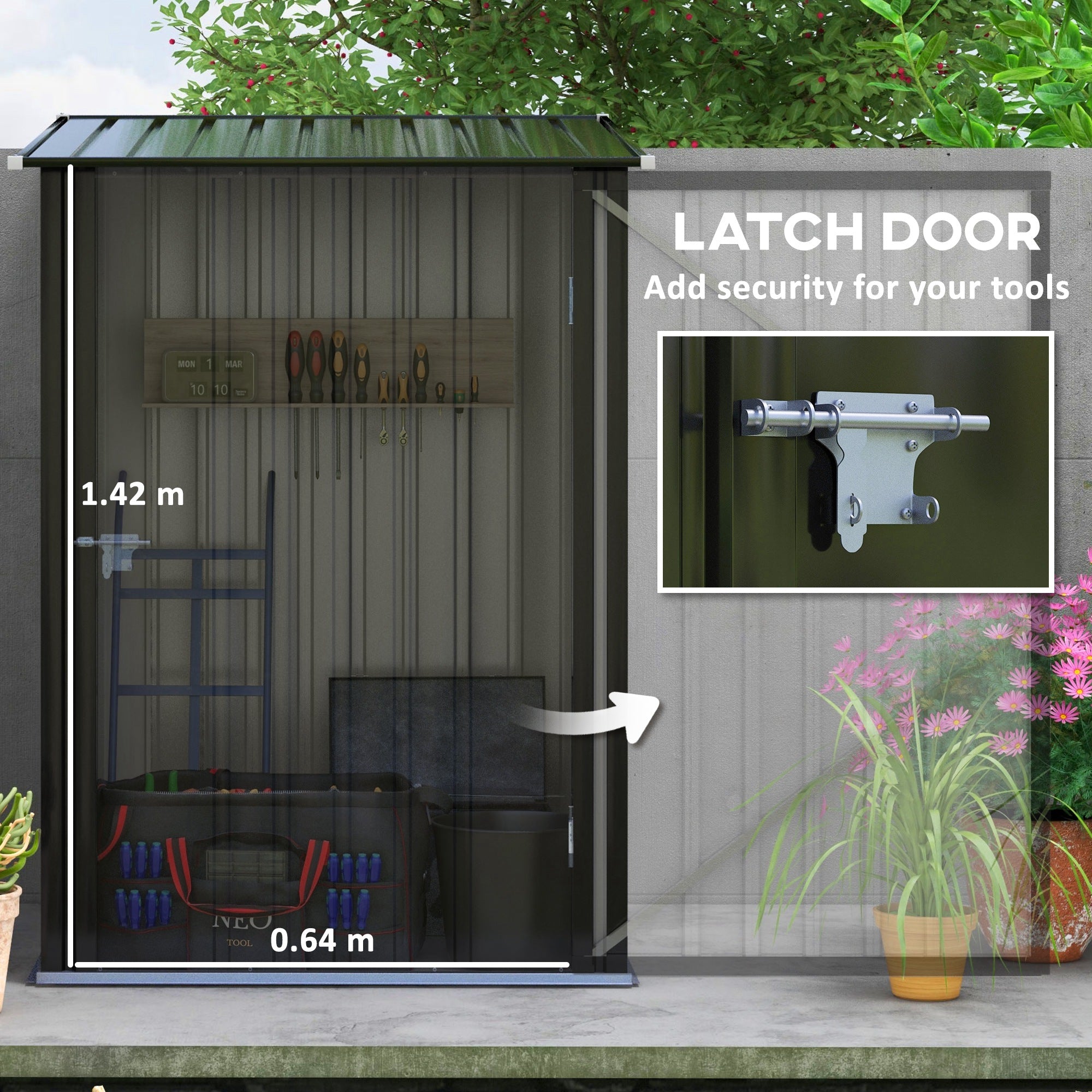 Outsunny 3' x 3' Lean-to Garden Storage Shed, Outdoor Galvanized Steel Tool House with Lockable Door for Patio, Backyard Lawn, Dark Grey