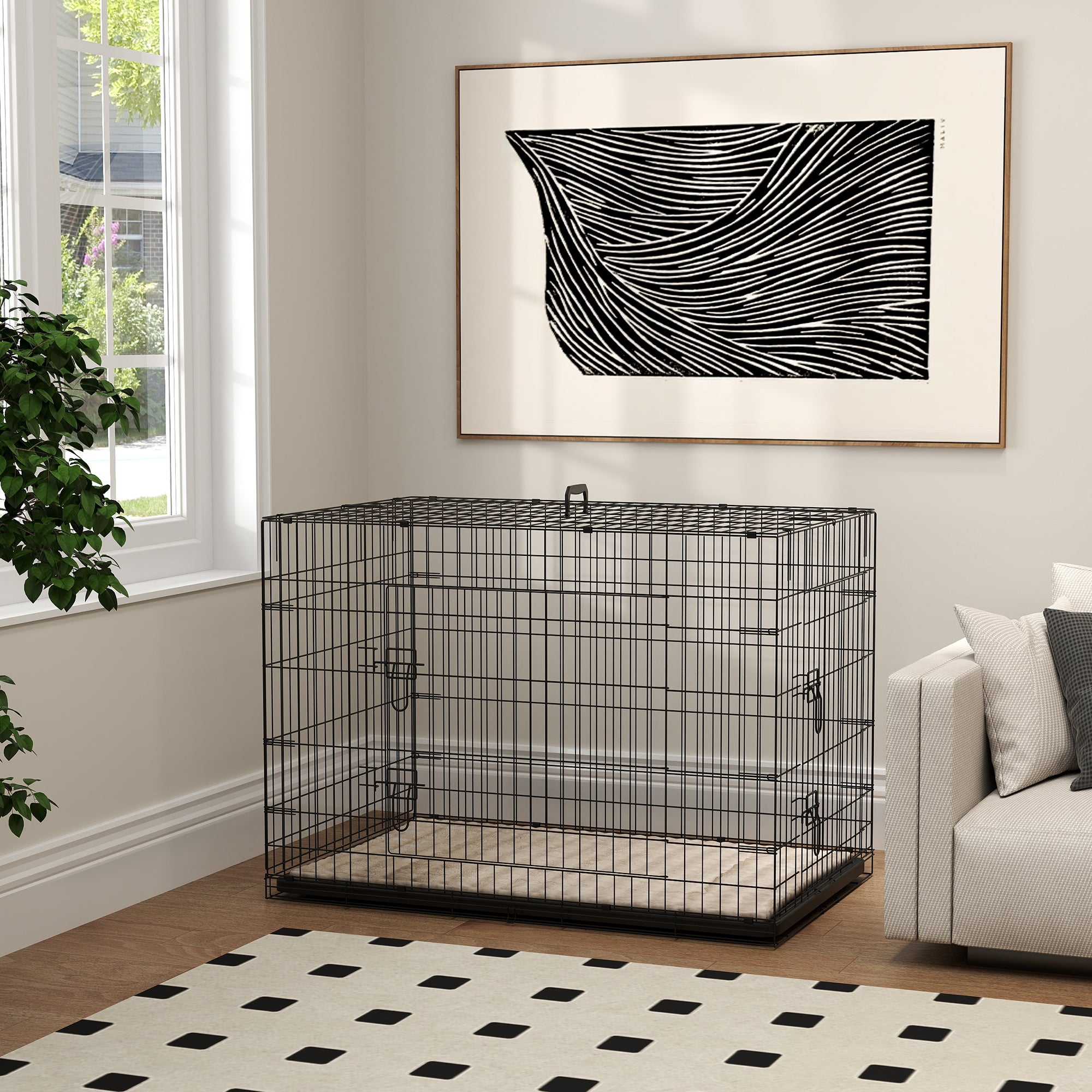 PawHut Dog Crate, Folding Metal Dog Cage with Two Doors, Tray, Soft Cushion, for Extra Large Dogs, 105 x 70 x 75 cm, Black