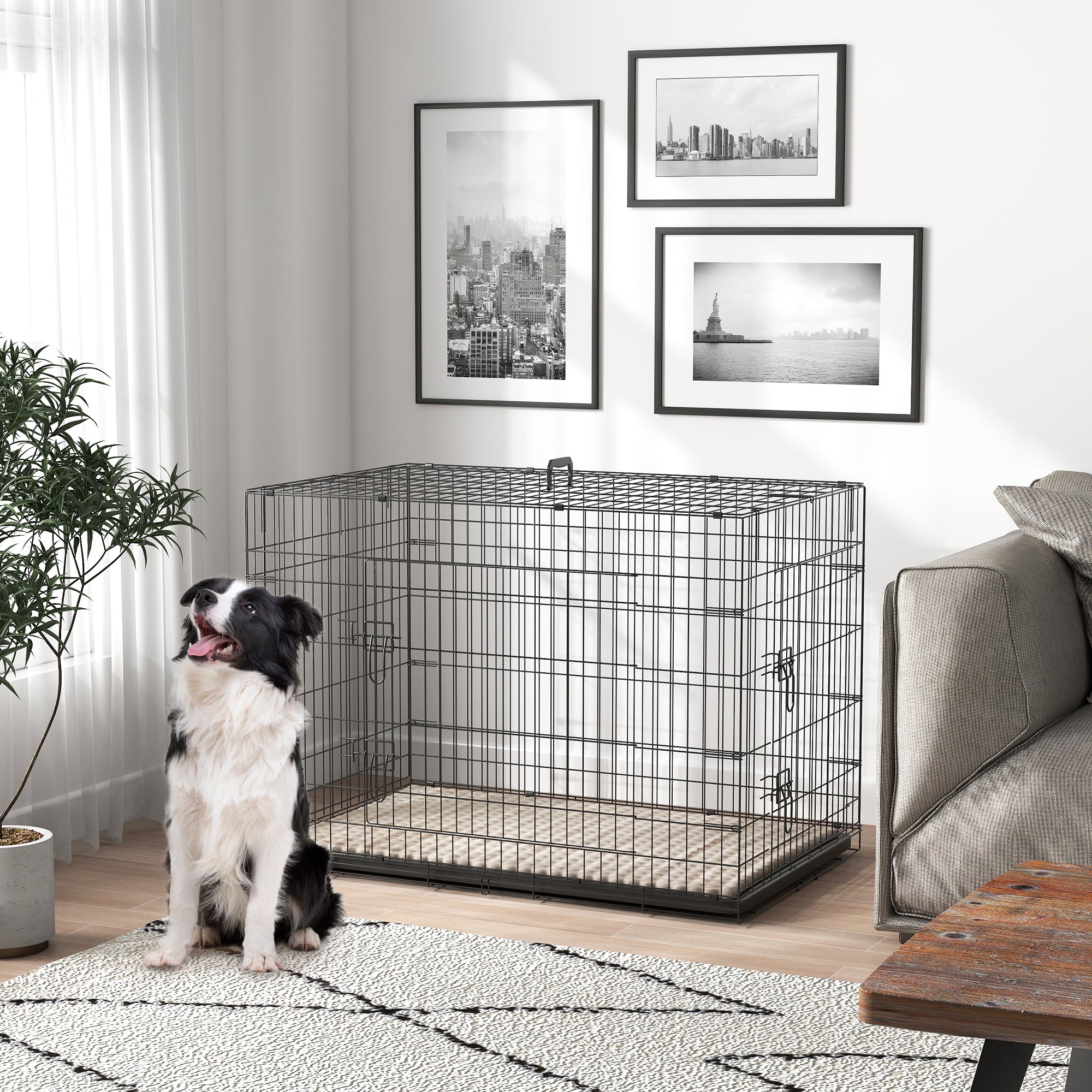 PawHut Dog Crate, Folding Metal Dog Cage with Two Doors, Tray, Soft Cushion, for Extra Large Dogs, 105 x 70 x 75 cm, Black