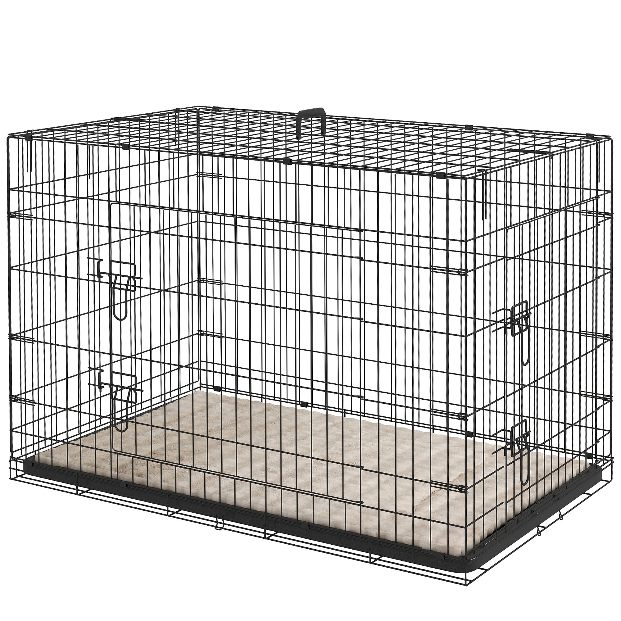 PawHut Dog Crate, Folding Metal Dog Cage with Two Doors, Tray, Soft Cushion, for Extra Large Dogs, 105 x 70 x 75 cm, Black