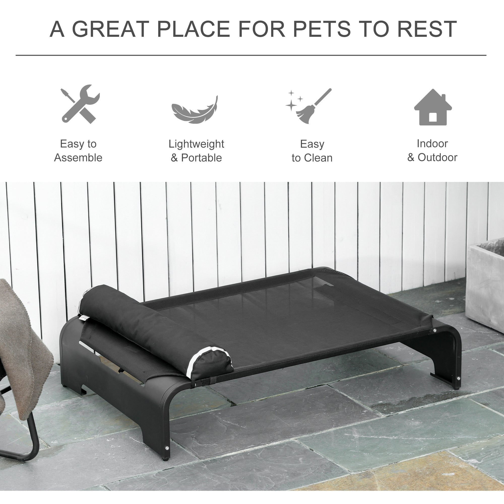 PawHut Elevated Dog Bed w/ Removable Pillow, Raised Pet Bed w/ Steel Frame & Breathable Mesh Fabric for Large Sized Dogs, Black