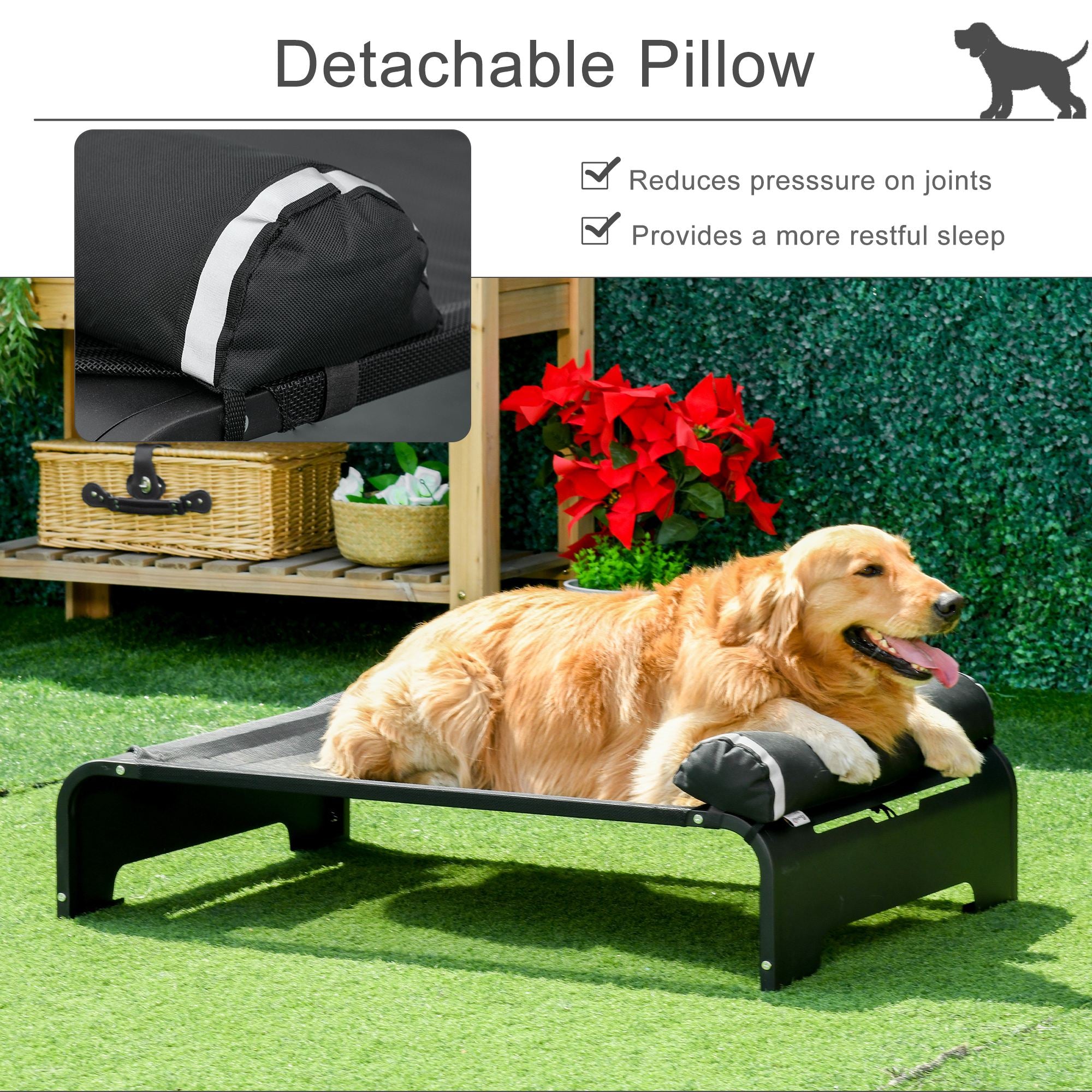 PawHut Elevated Dog Bed w/ Removable Pillow, Raised Pet Bed w/ Steel Frame & Breathable Mesh Fabric for Large Sized Dogs, Black