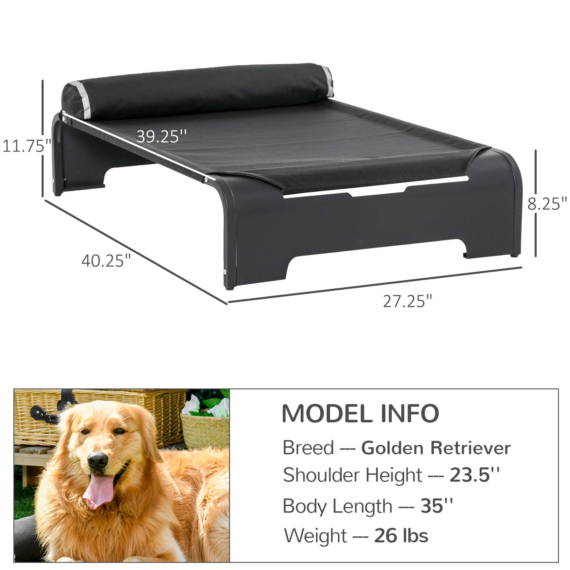 PawHut Elevated Dog Bed w/ Removable Pillow, Raised Pet Bed w/ Steel Frame & Breathable Mesh Fabric for Large Sized Dogs, Black